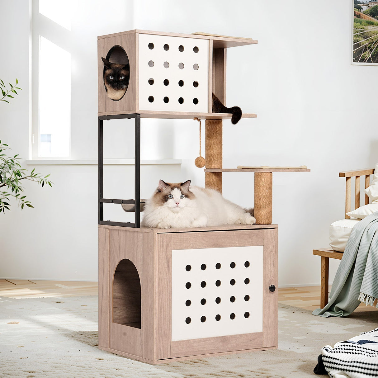Cat Tree with Litter Box Enclosure and Large Hammock