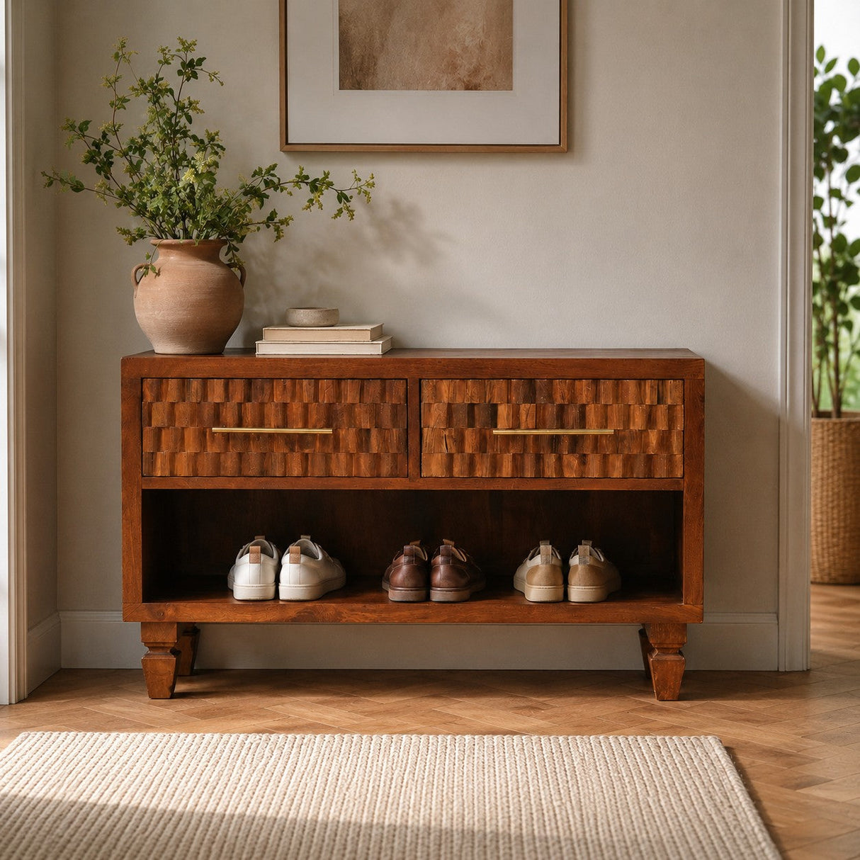 Solid Wood Cadiz Carved Shoe Bench