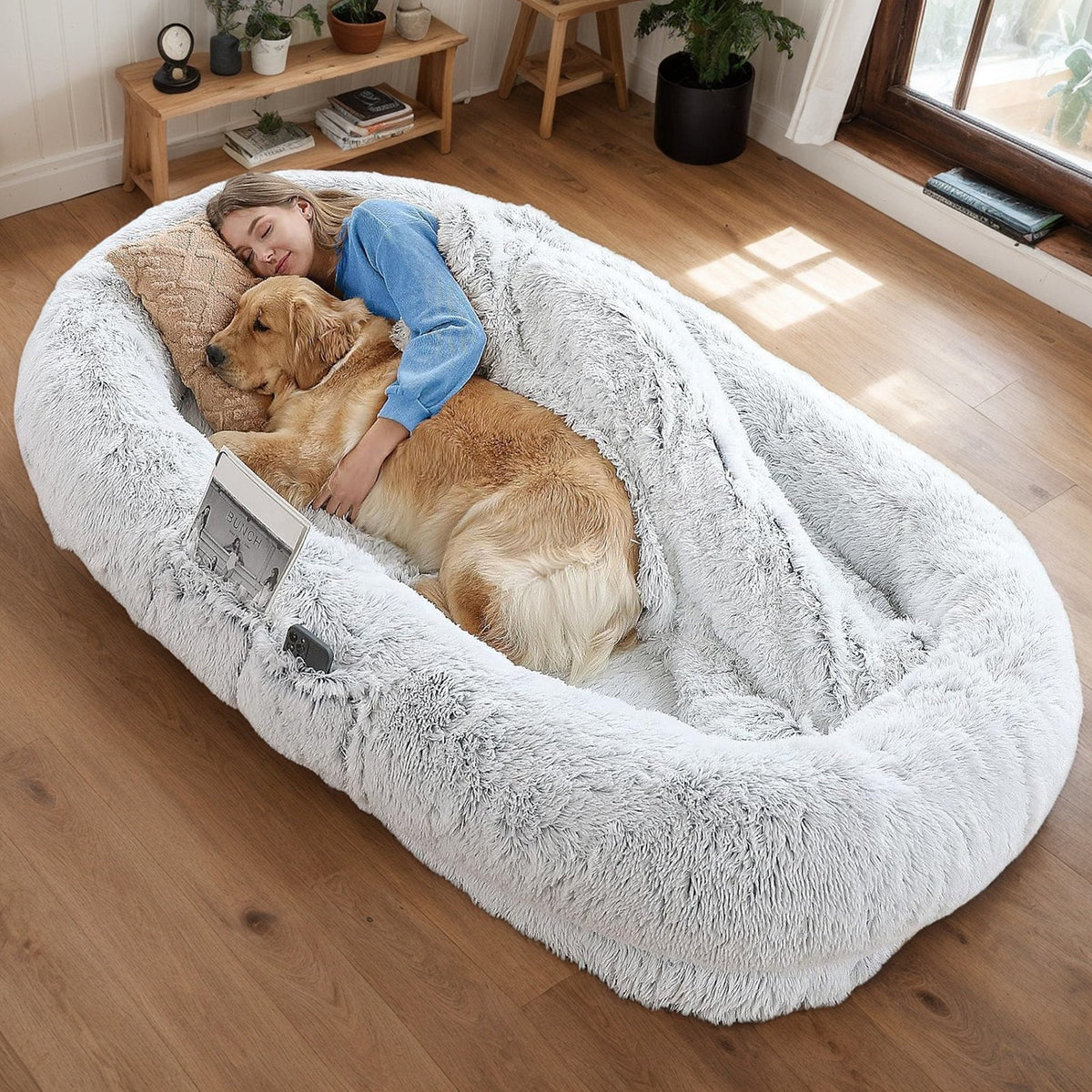 Orthopedic Human Dog Bed with Washable Faux Fur Cover - Grey