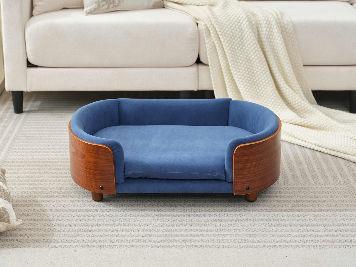 Scandinavian Style Elevated Dog Bed Pet Sofa Dark Blue Velvet Mid Size