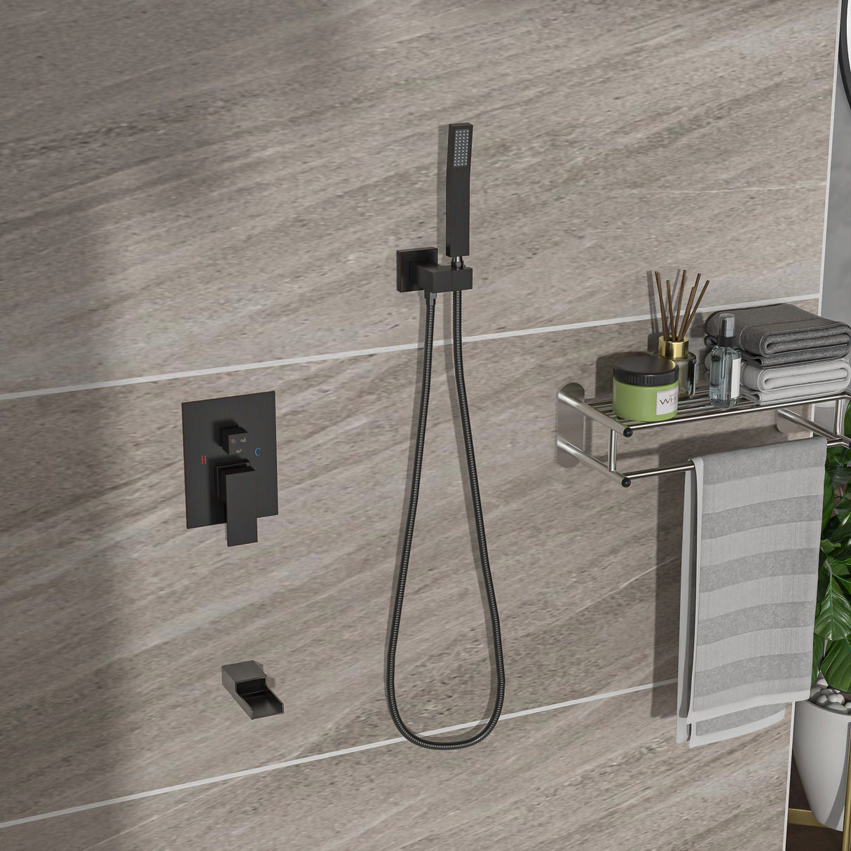 Modern Shower System With Waterfall Tub Spout, 12" Ceiling Mount Square Shower
