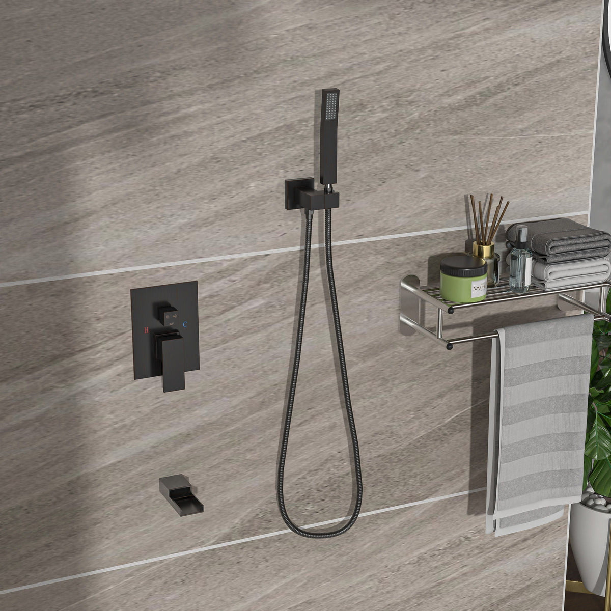Modern Shower System With Waterfall Tub Spout, 12" Ceiling Mount Square Shower