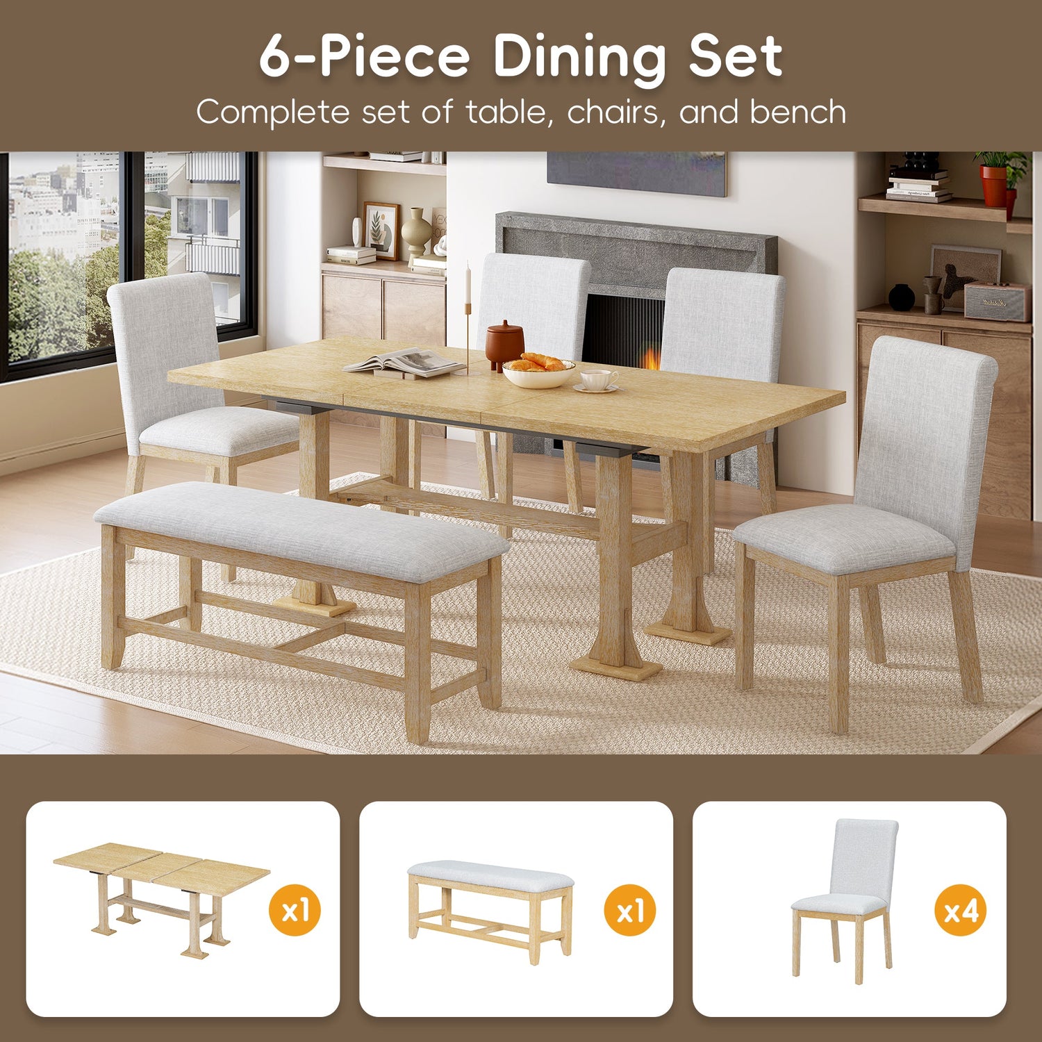 Artisinal 6-Piece Extendable Solid Wood Dining Set with Bench Seating