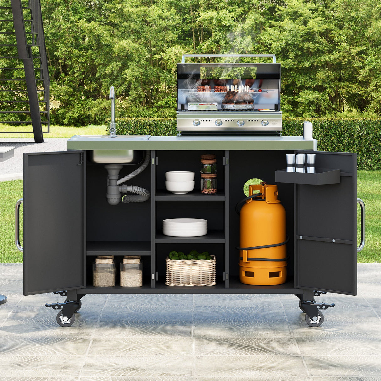 K&K 55.5" Outdoor Kitchen Island with Sink