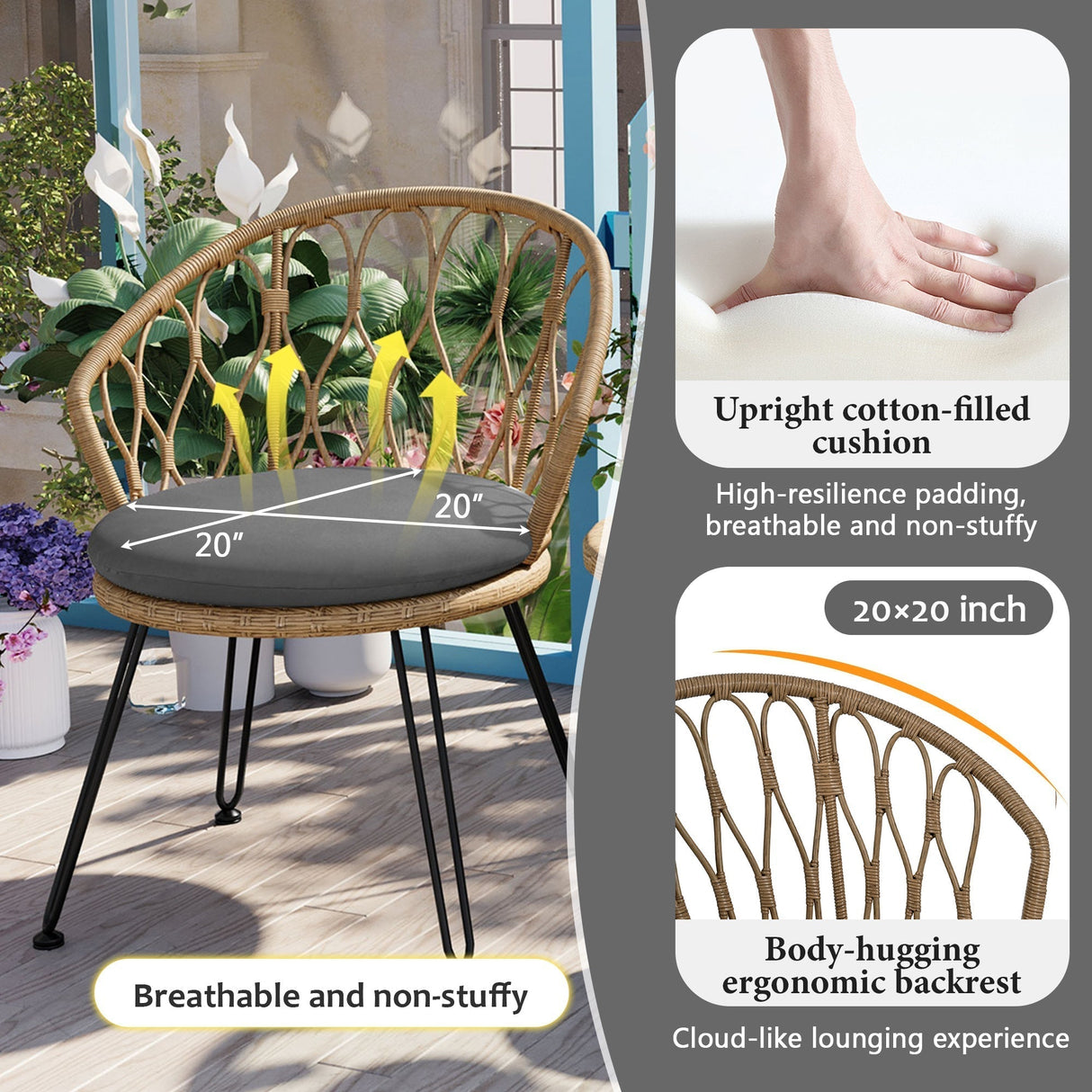 Outdoor Leisure Set with 2 Rattan Chairs & Glass Table