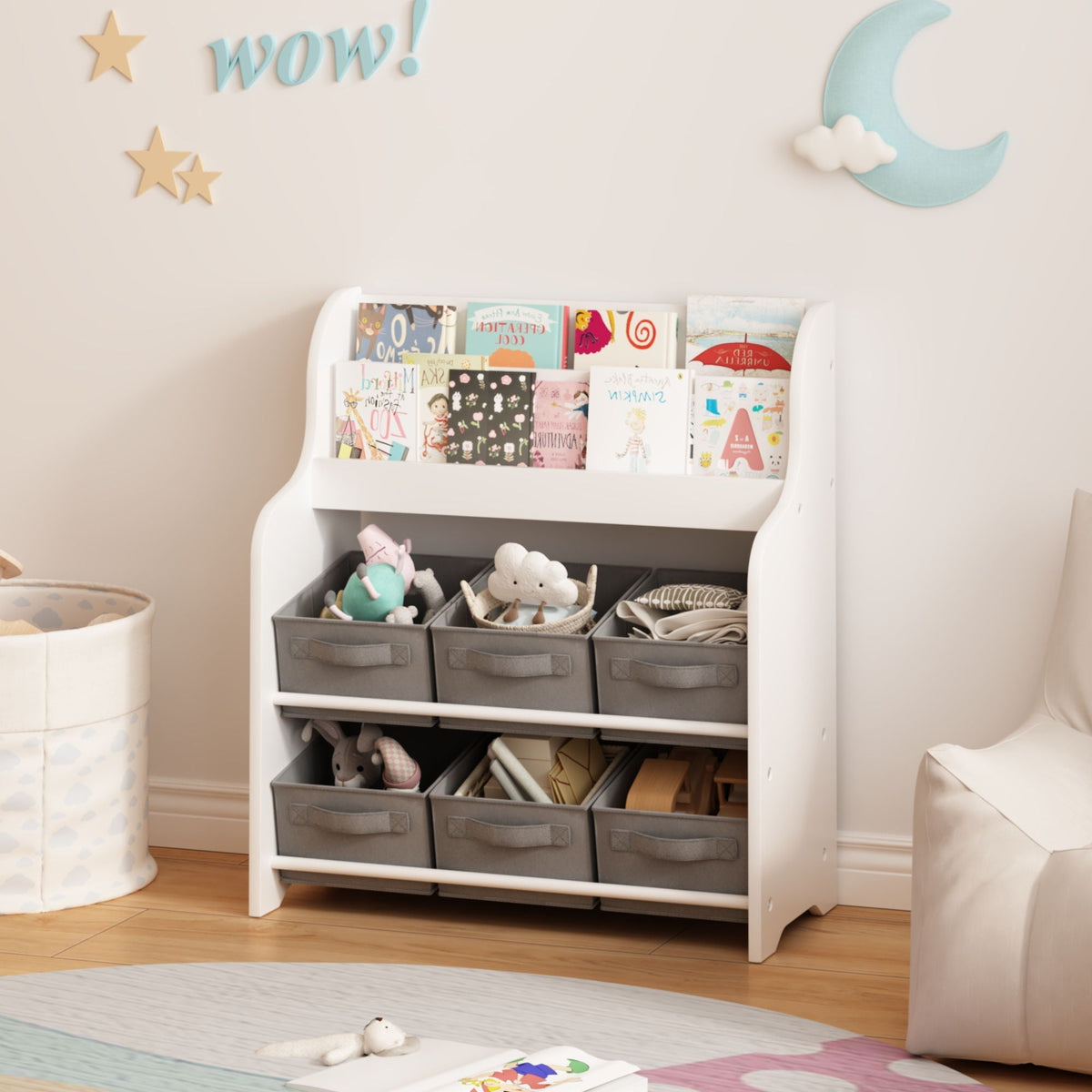 Children's Bookcase with 6 Storage Bins - Multi Functional Organizer - White