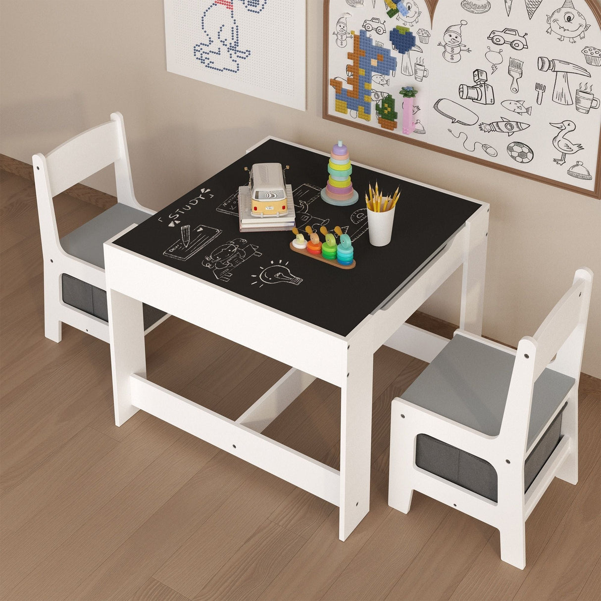 Kids Table And Chair Set, 3 In 1 Activity Table With Storage Drawer For Toddlers Drawing, Reading, Crafts, 2 In 1 Detachable Top - White