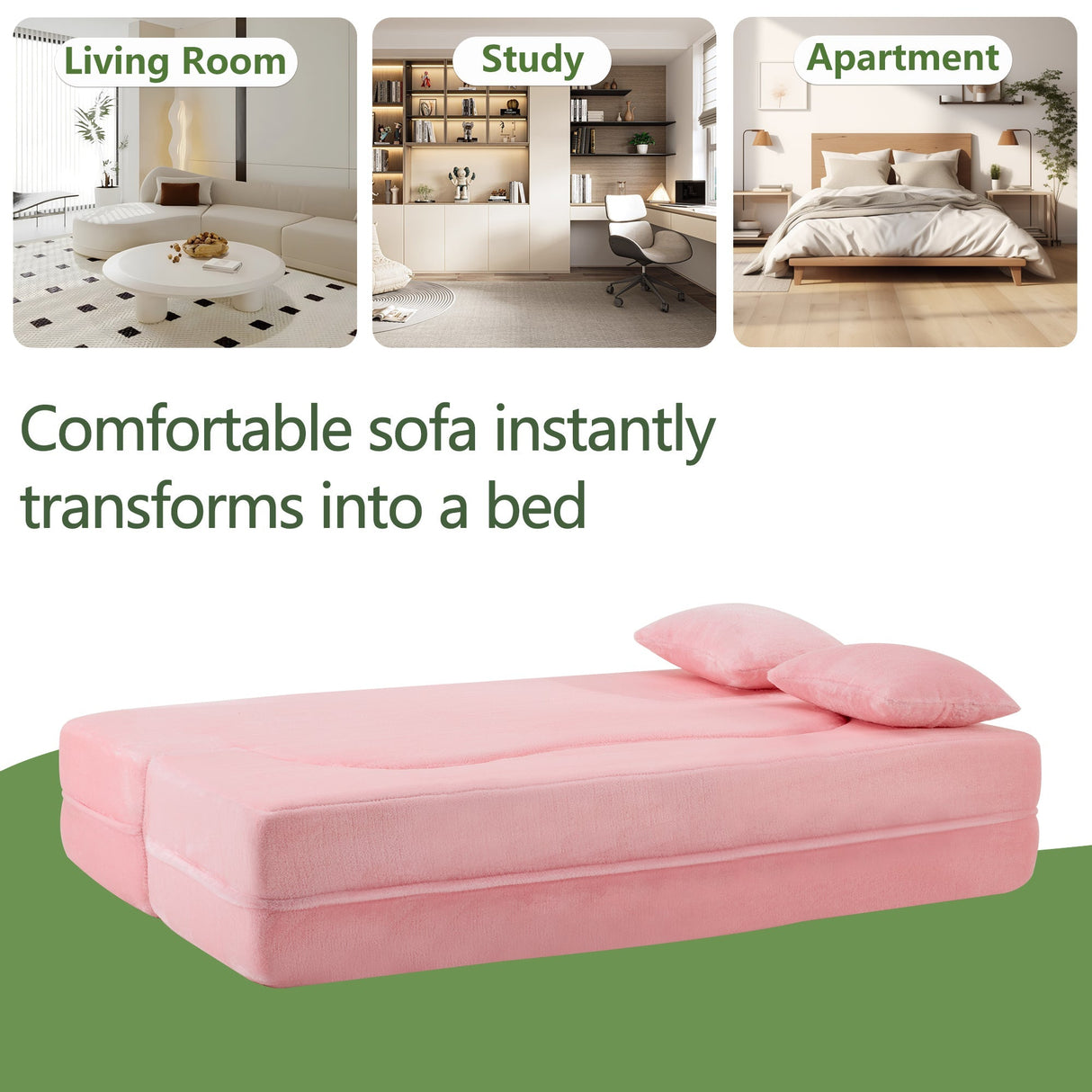 71-Inch Folding Sofa Bed in Pink Chenille with High-Density Foam