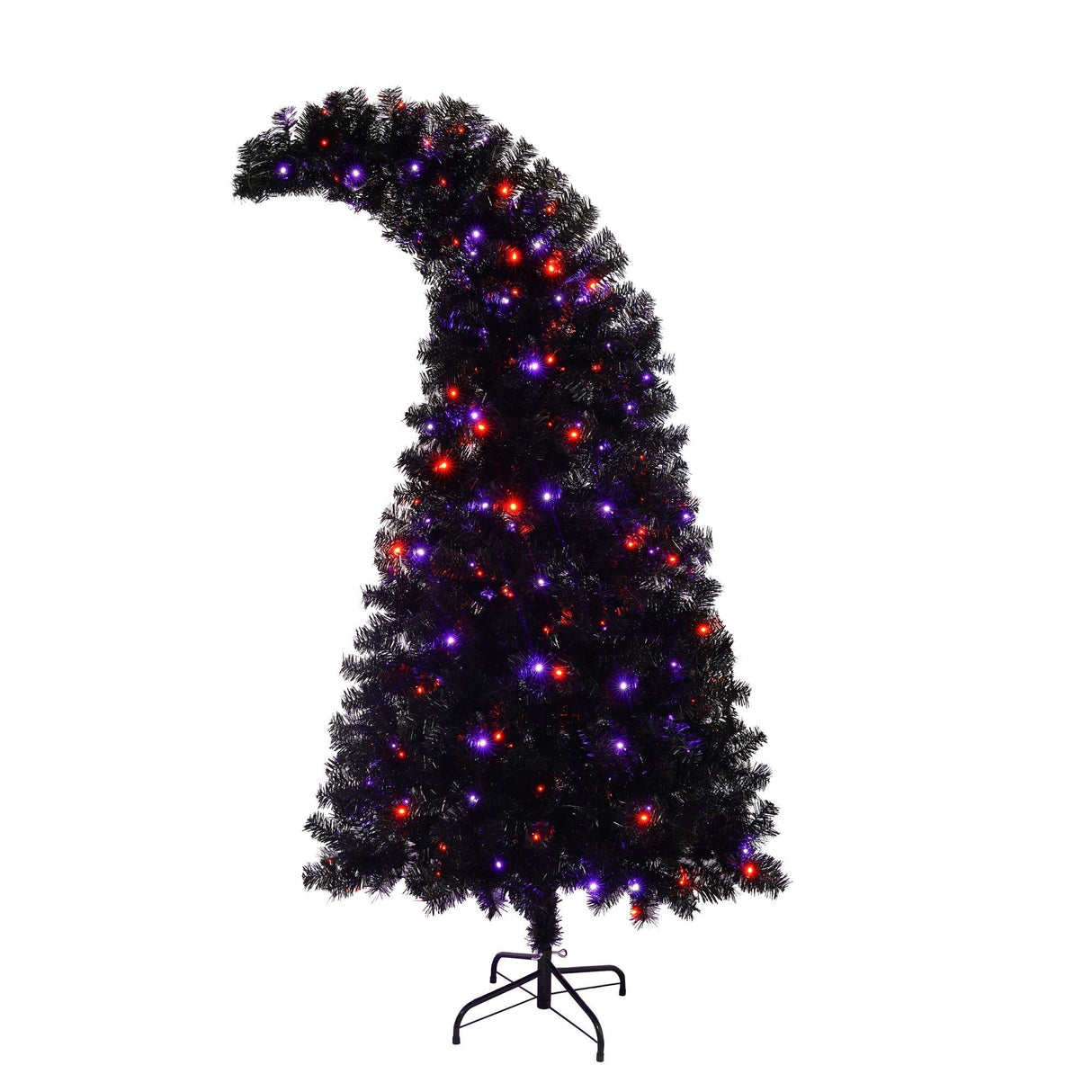 6Ft Curved Hat-Look Black Holiday Tree with Orange & Purple Lights