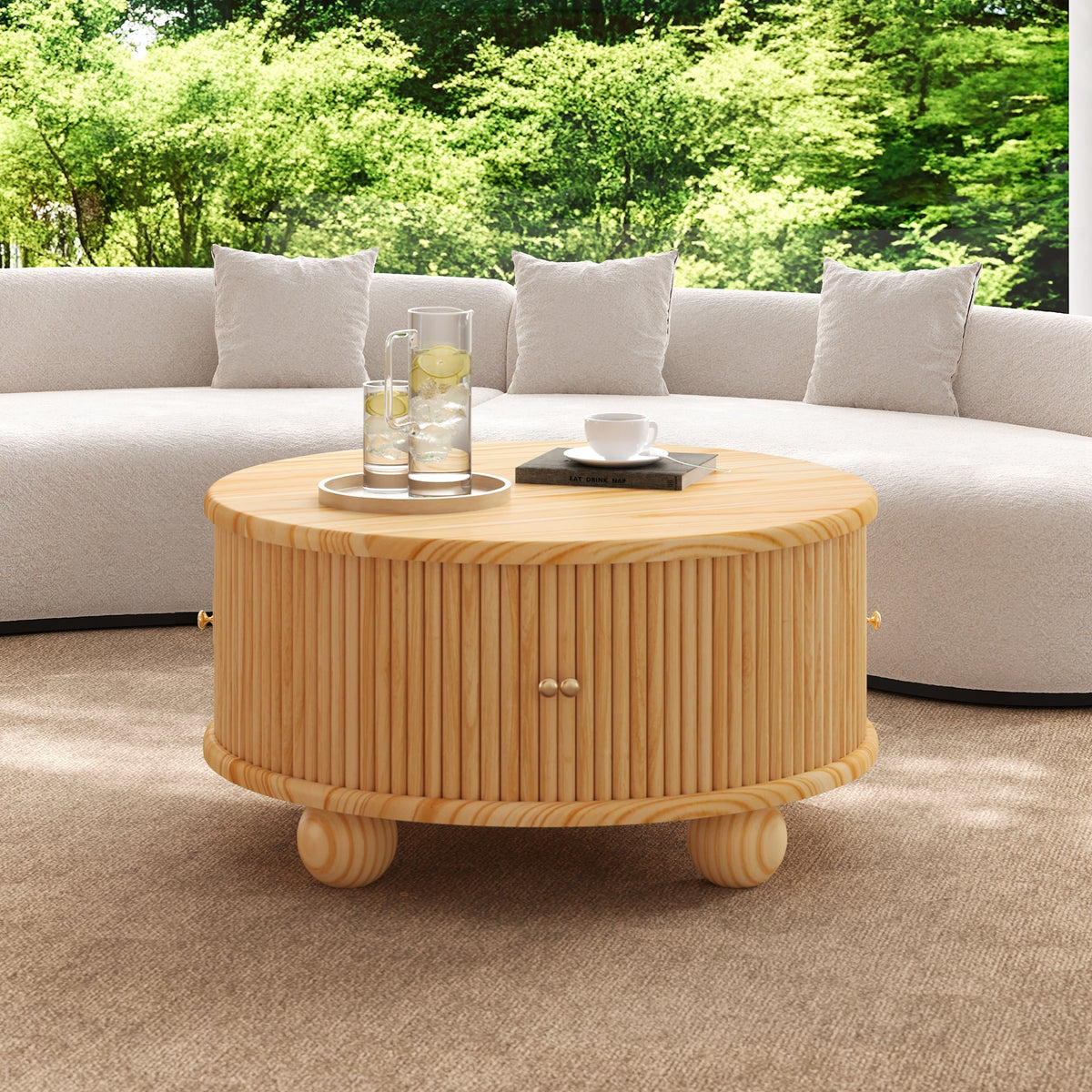 Round Fluted Coffee Table with Storage - Pine Solid Wood