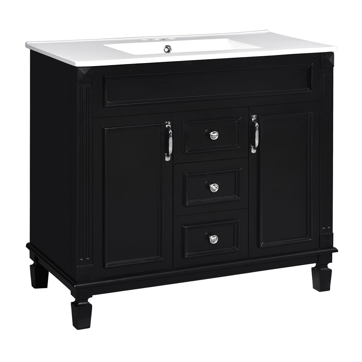 Bathroom Vanity with Ceramic Sink and Soft-Closing Storage - Dark Gray, White, or Black