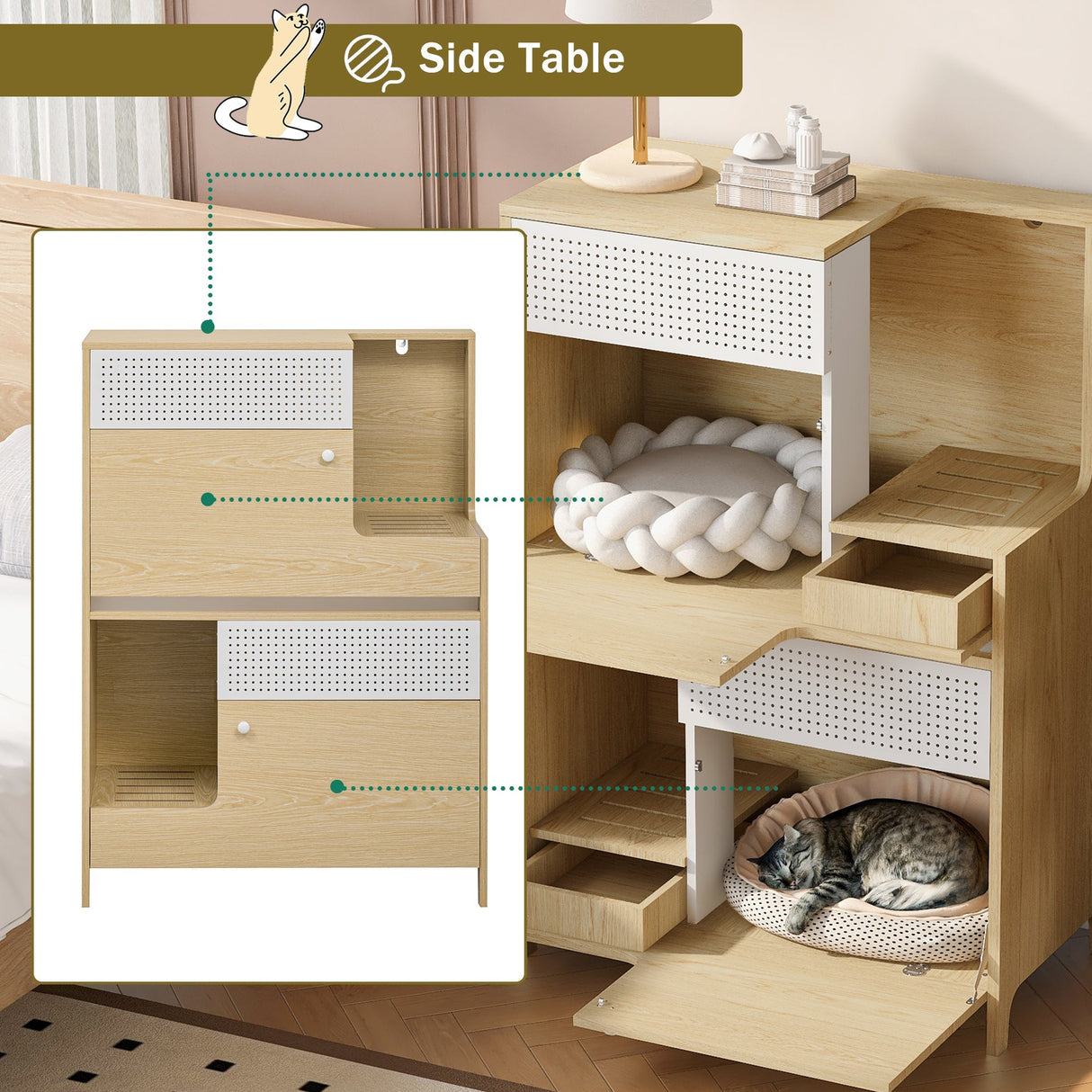 Furniture Style Multi-Use Natural Cat Litter Box House with Flip-Down Door