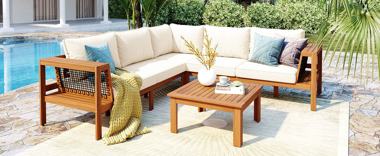 GO 4 Pieces Outdoor Acacia Wood Sofa Set with Coffee Table
