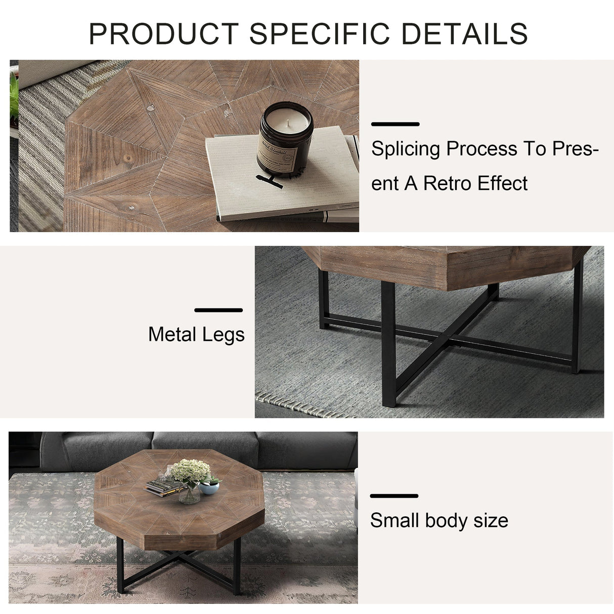 Wood Octagonal Vintage Patchwork Coffee Table