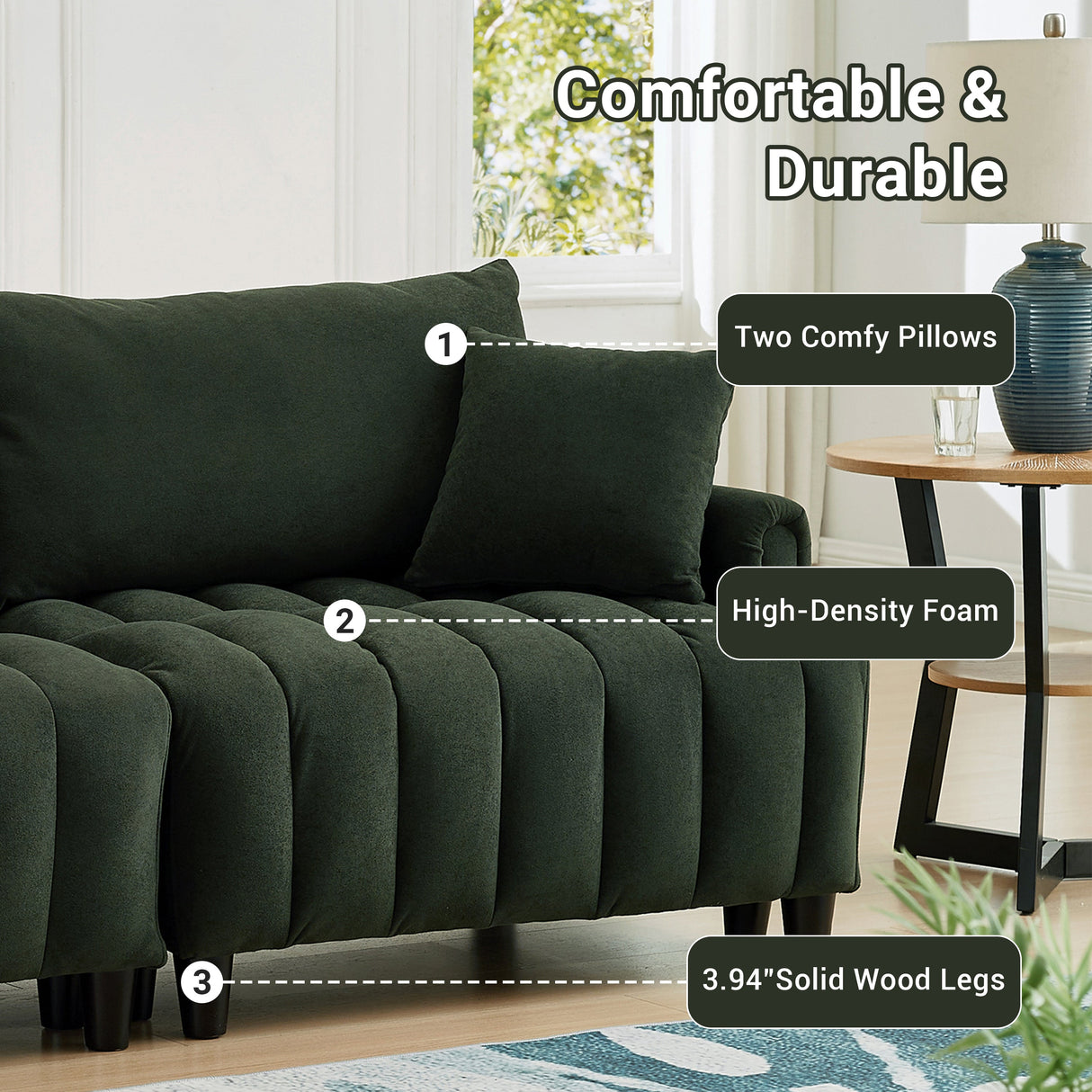83'' Futon Sofa Bed with Polyester Fabric and 2 Pillows - Dark Green