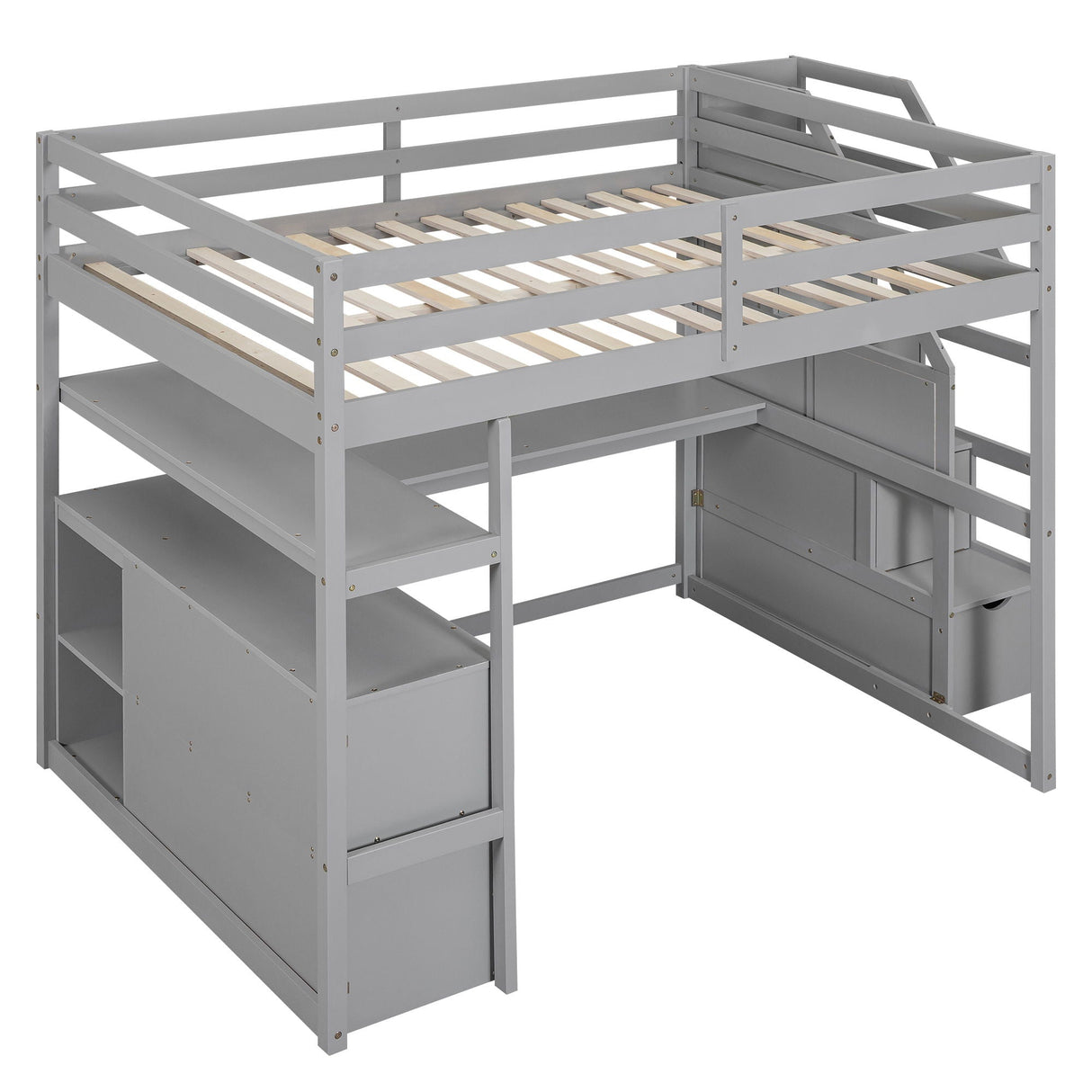 Loft Bed With Desk, Shelves, 2 Drawers, Storage Staircase