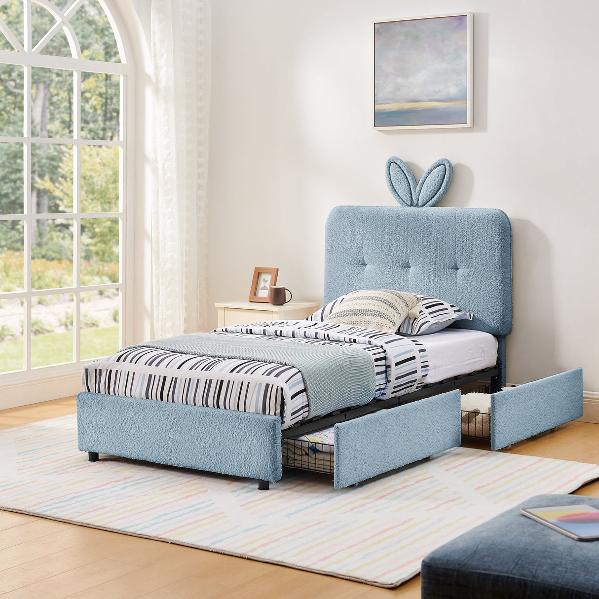 Twin Size Kids Upholstered Bed with Oversized Rabbit Ear Headboard, LED Light & 4 Storage Drawers, Boucle Fabric (79.5''X40.75''X41'')