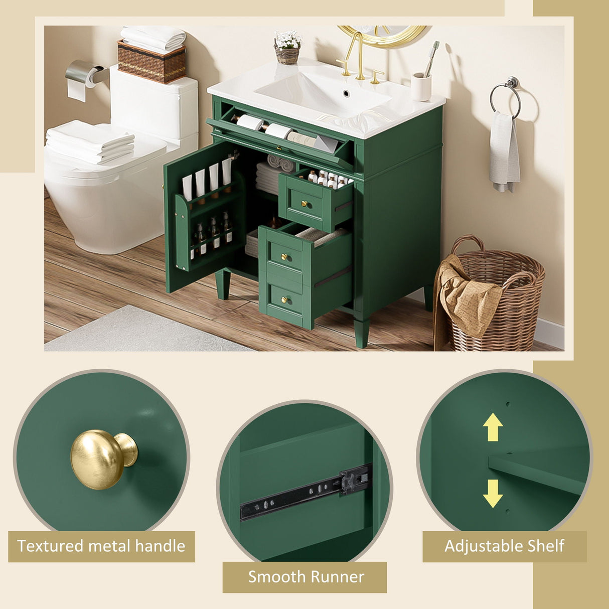 Bathroom Vanity With Top Sink, 2 Drawers & Tip Out Drawer