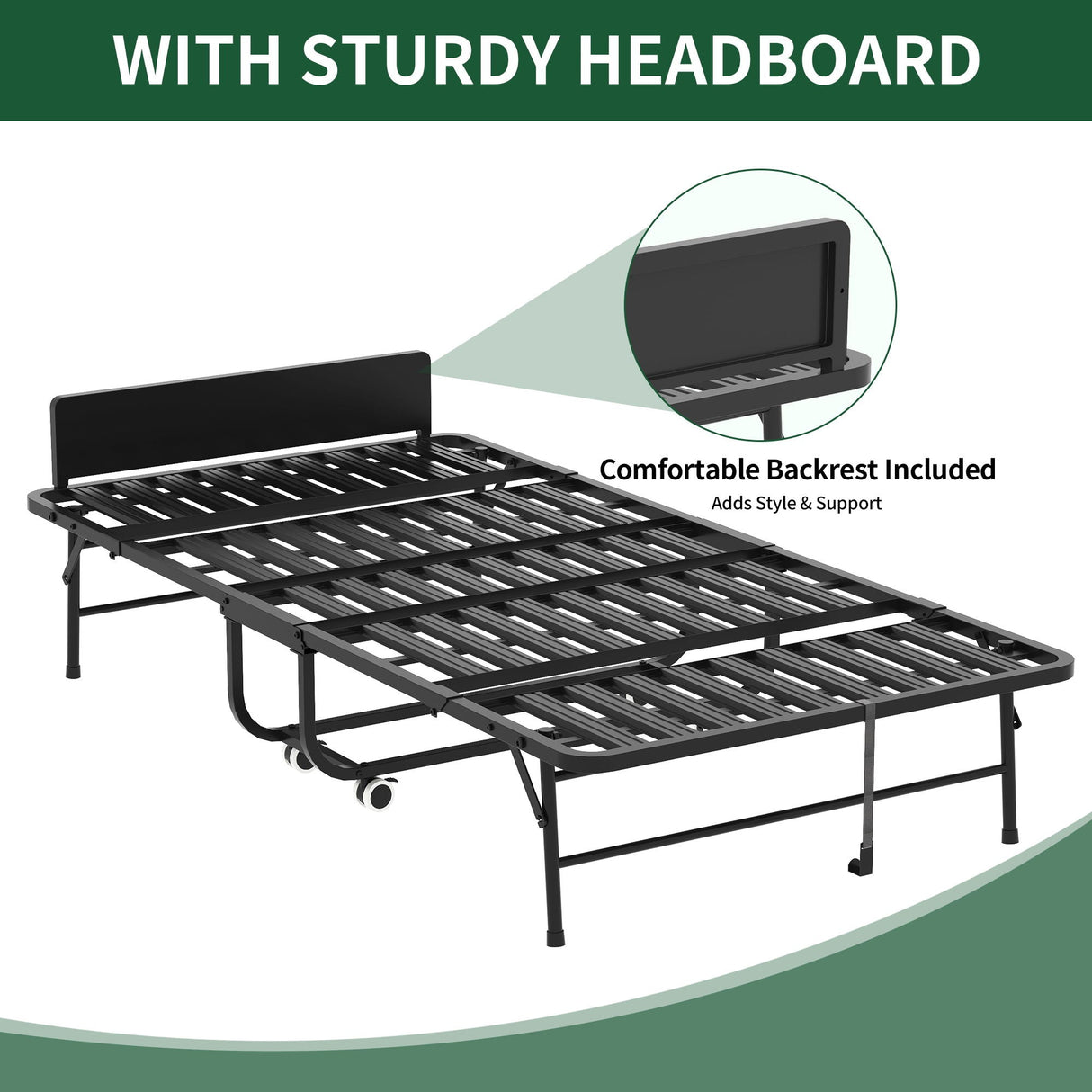 Twin Adjustable Headboard Folding Bed With Memory Foam Mattress, Heavy-Duty Frame Cot For Tall People, Portable Guest On Wheels - Black