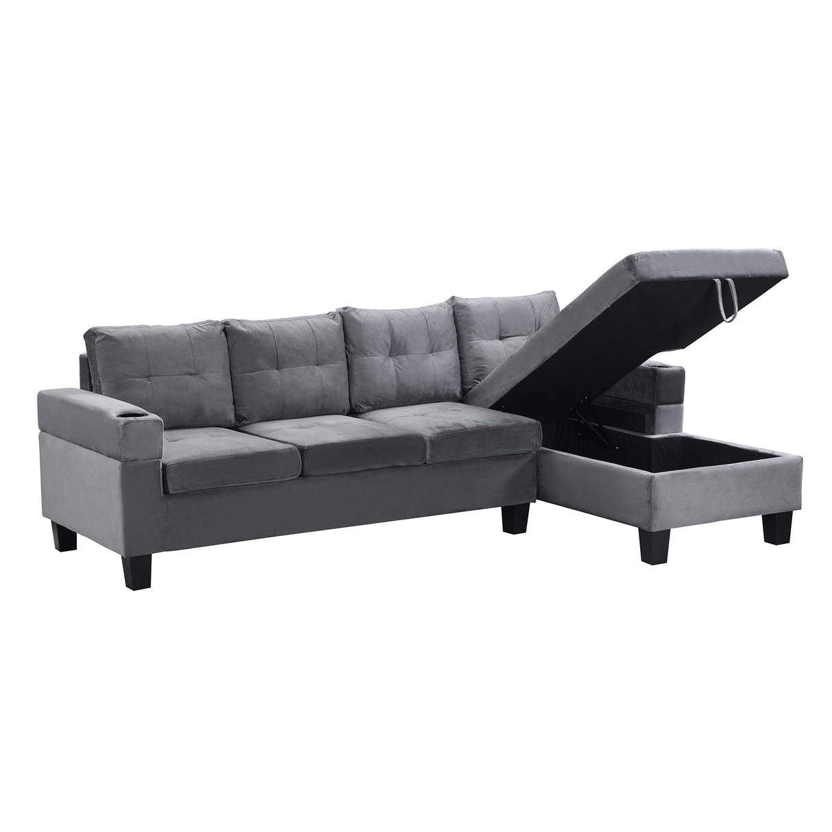 Modern Sectional Sofa Set with L Shape Chaise Lounge and Storage in Grey Velvet Fabric