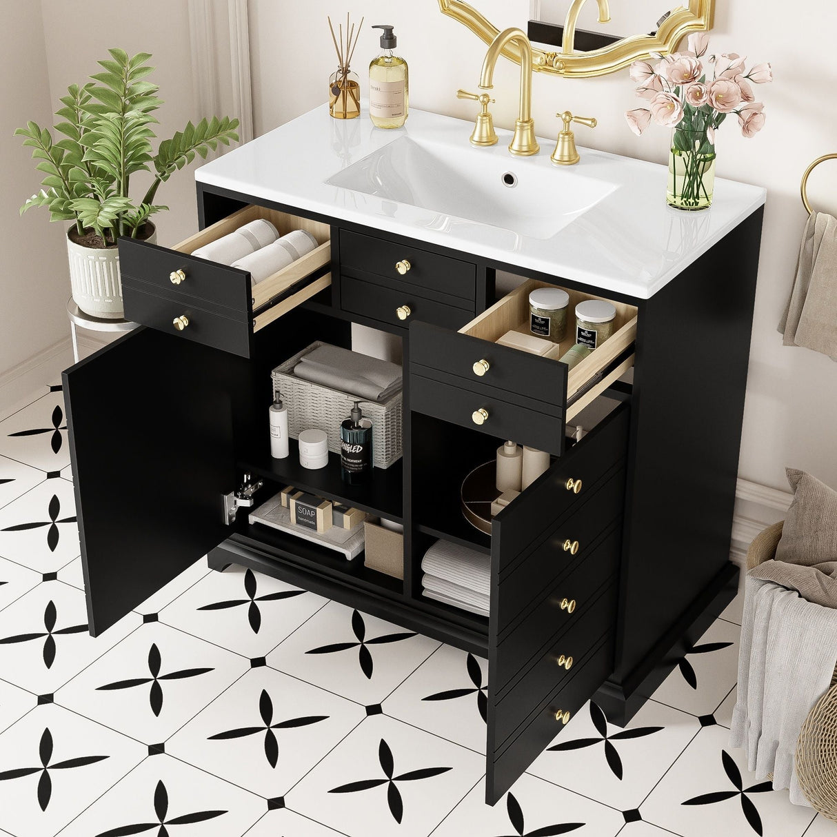 Retro Bathroom Vanity with Sink and Storage Cabinet