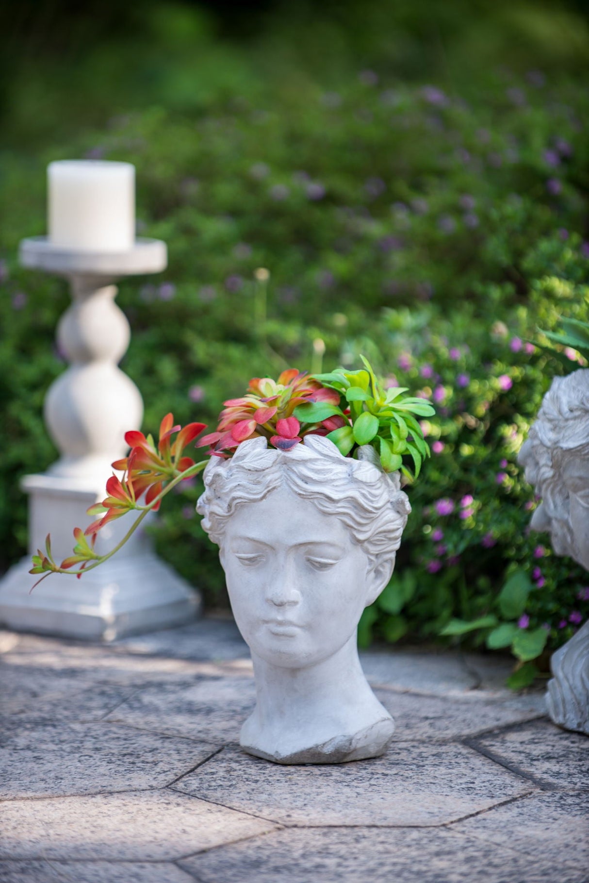 Greek Style Cement Head Planter Indoor Outdoor Home, Garden Decor - Gray