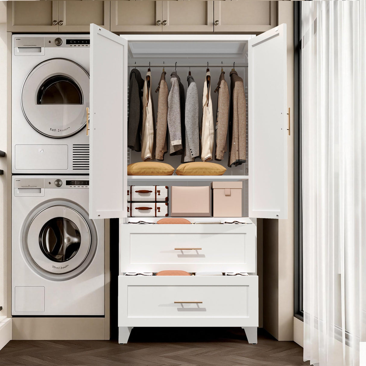 71" Tall Metal Wardrobe Cabinet with 2 Drawers and Hanging Rod
