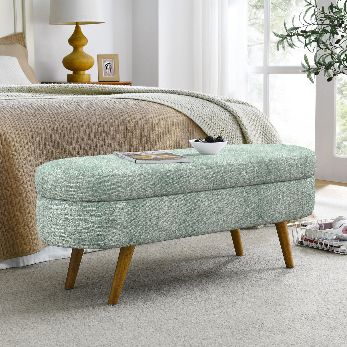 Modern Ottoman Oval Storage Bench with Rubber Wood Legs