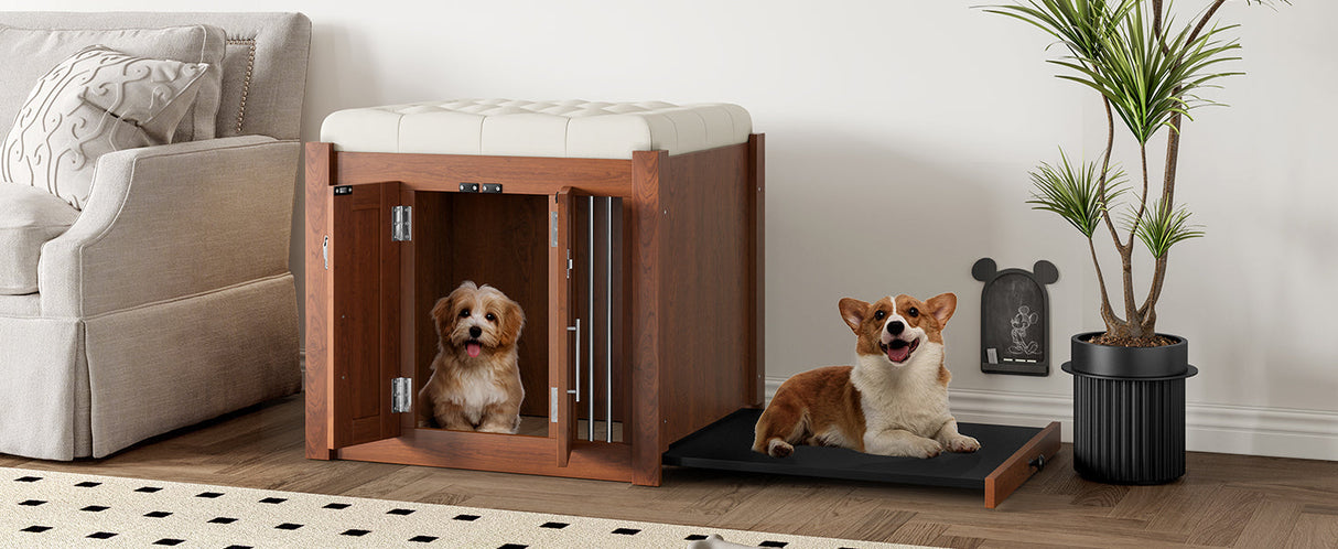 2 in 1 Walnut Dog Crate Night Stand with Storage