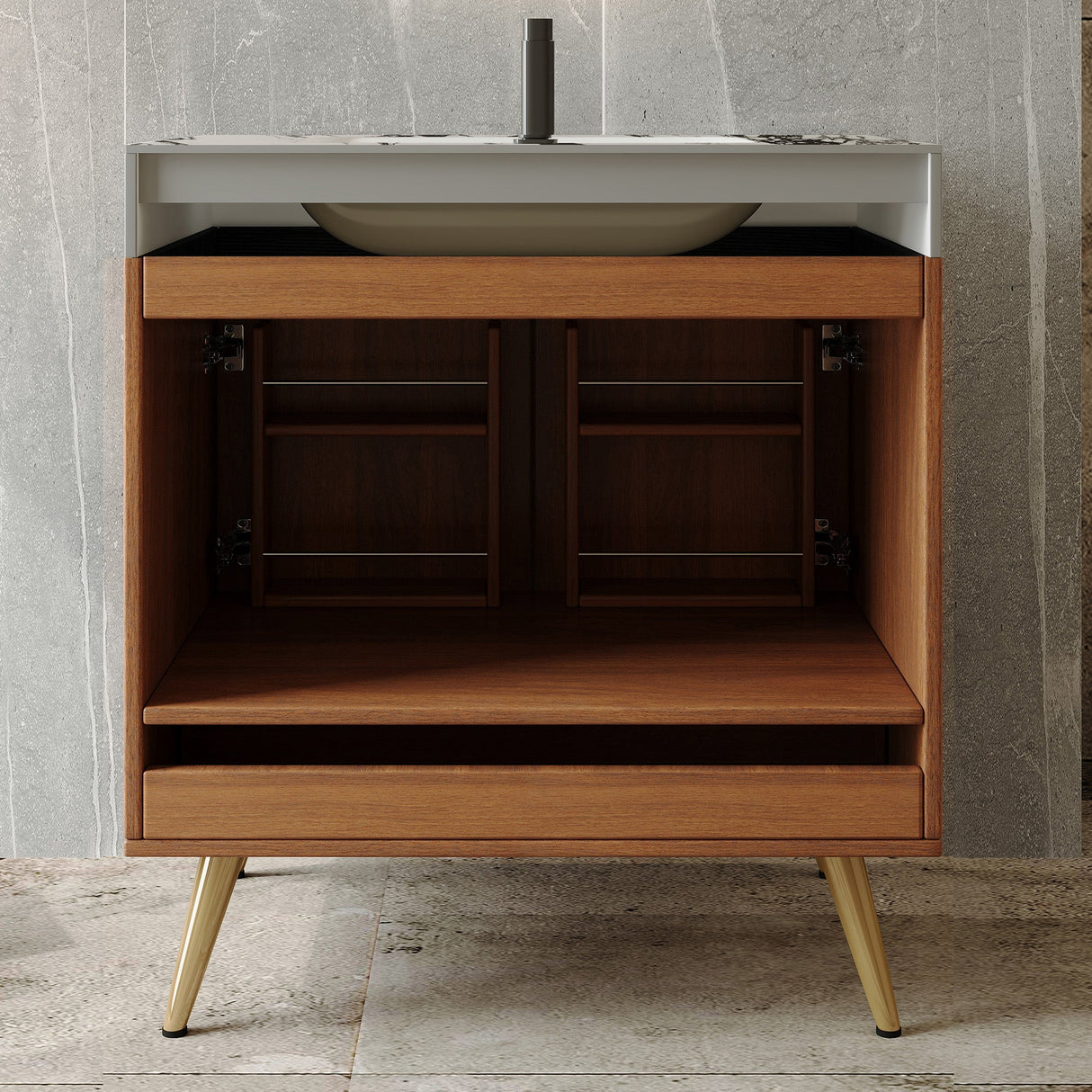 Mid-Century Free-Standing Bathroom Vanity with Faux Marble Top