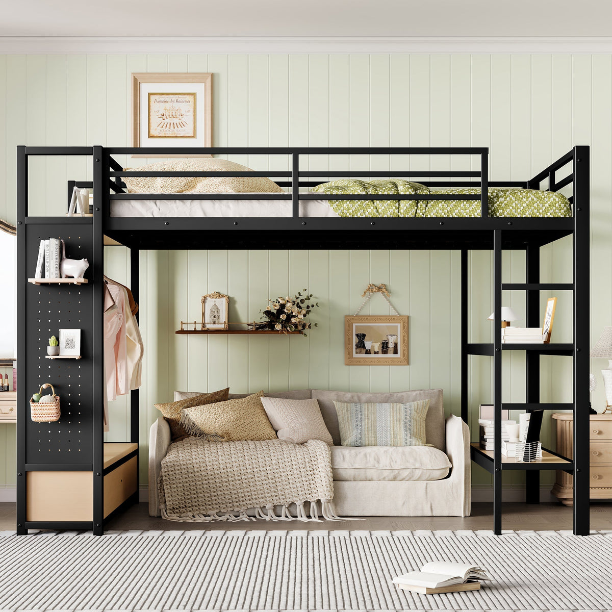Queen Size Metal Loft Bed Frame with Wardrobe