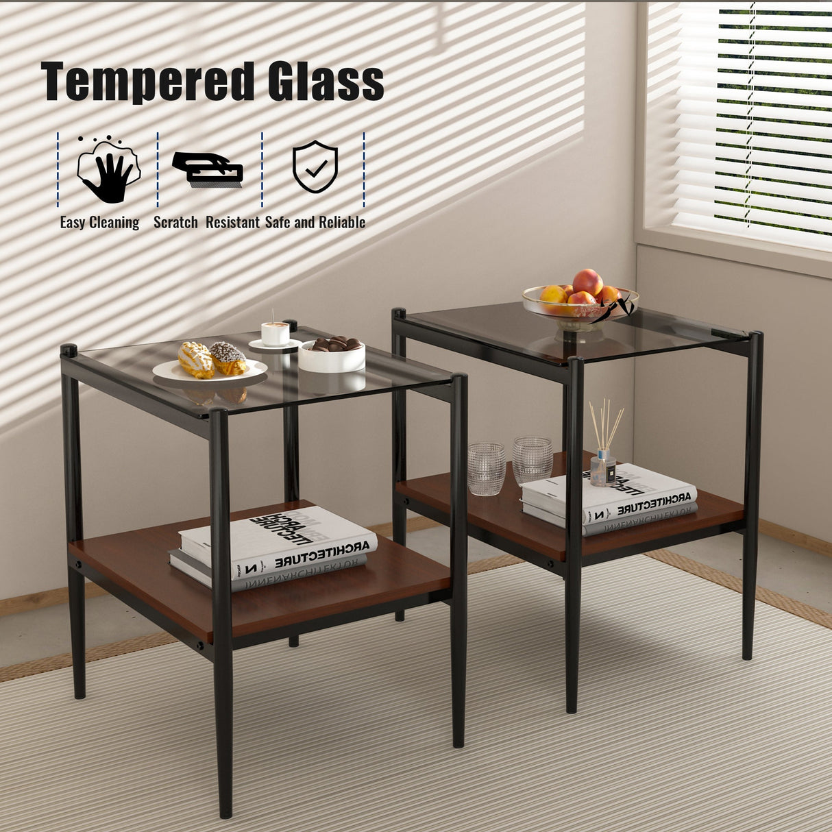 Set of 2 Rectangle End TableGray Glass
