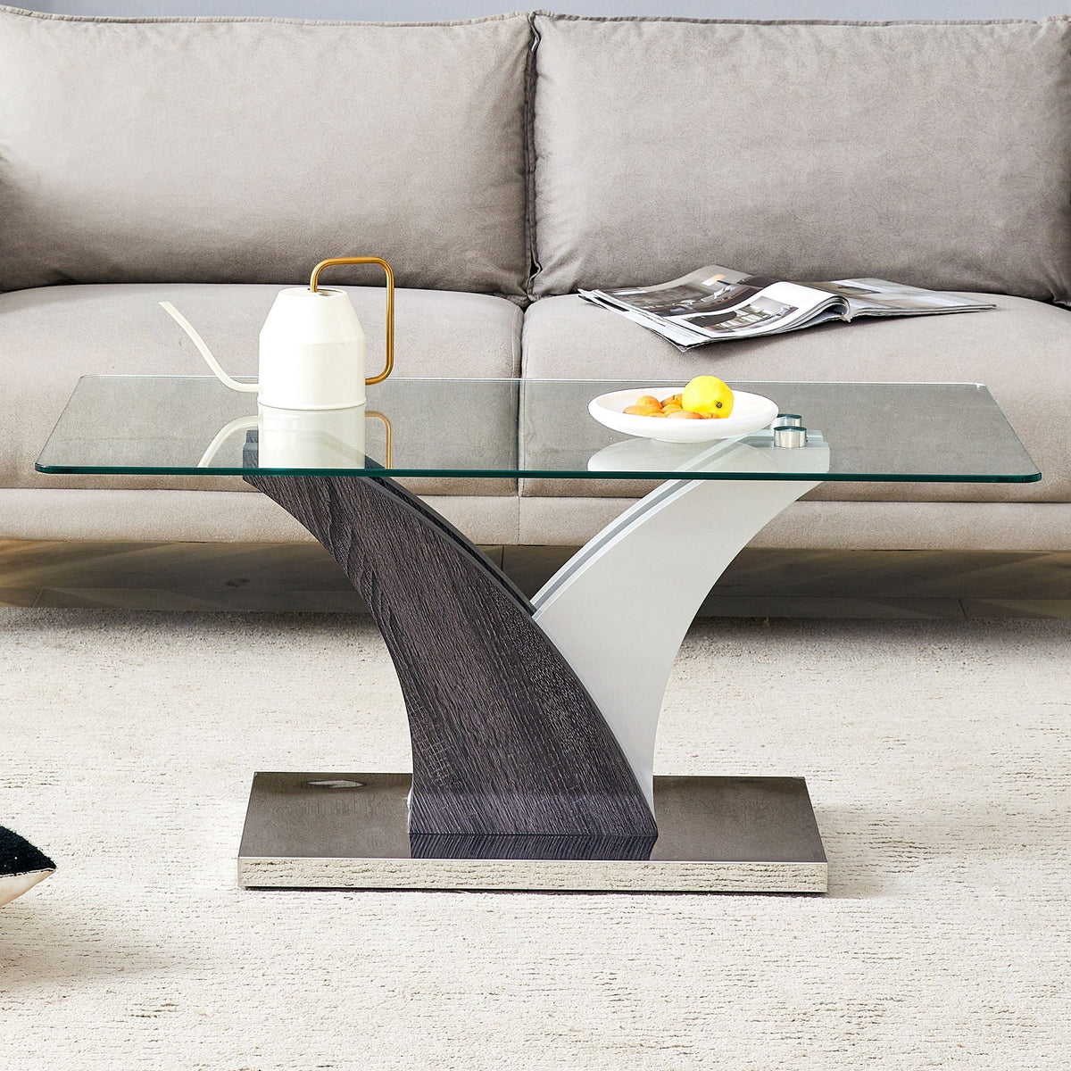 Artistic Rectangular Coffee Table With Tempered Glass Countertop