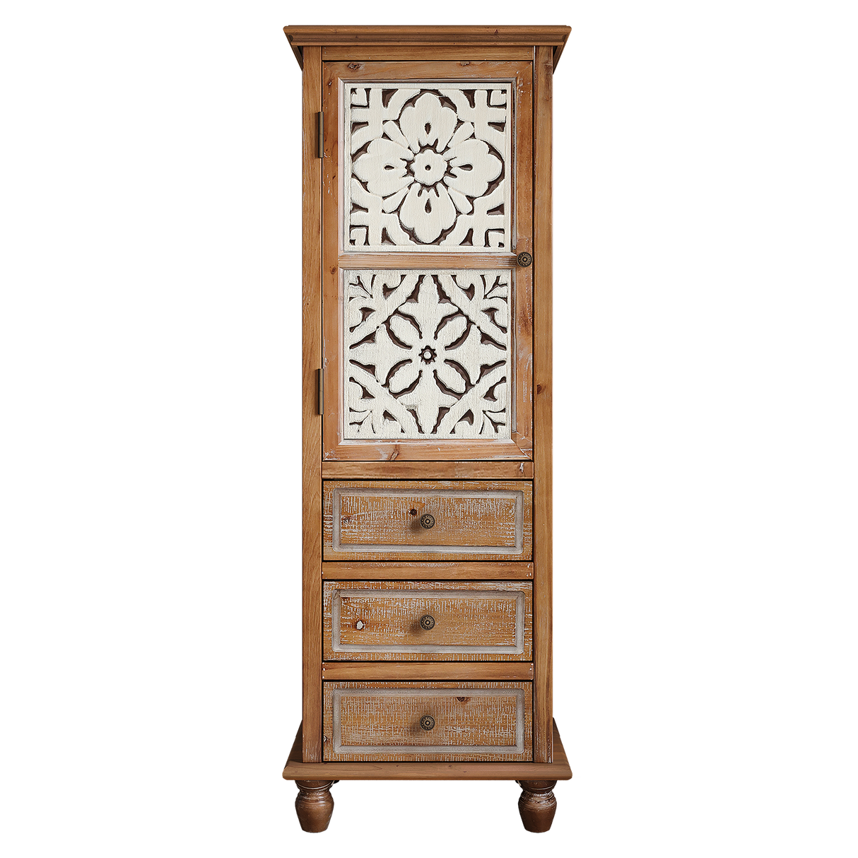 Rustic Wooden Storage Cabinet with Decorative Cutout Door & 3 Drawers