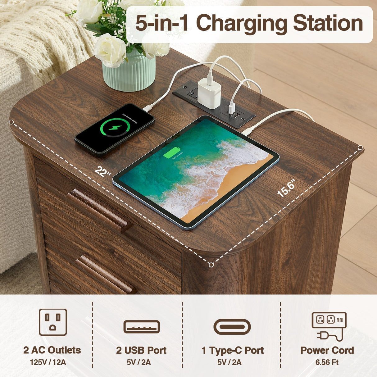 22" Wide Fluted Nightstand with Charging Station