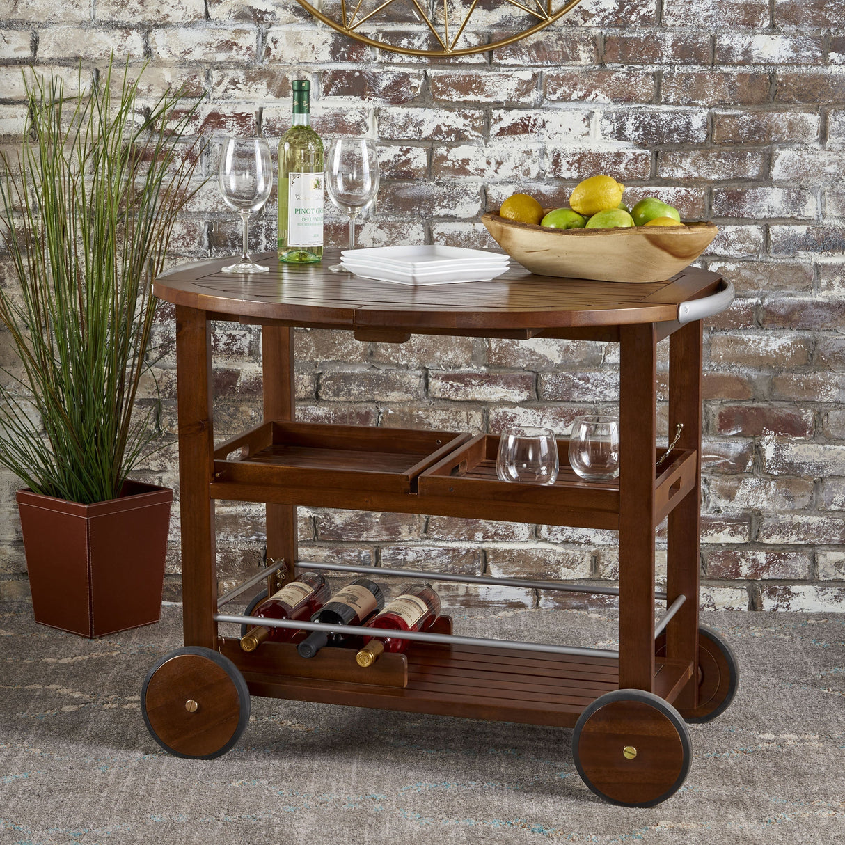 Wood and Aluminum Bar Cart with 2 Shelves, Oak and Silver