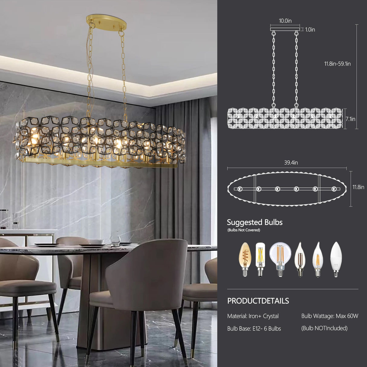 39" Contemporary Crystal and Black-Gold Pendant Chandelier