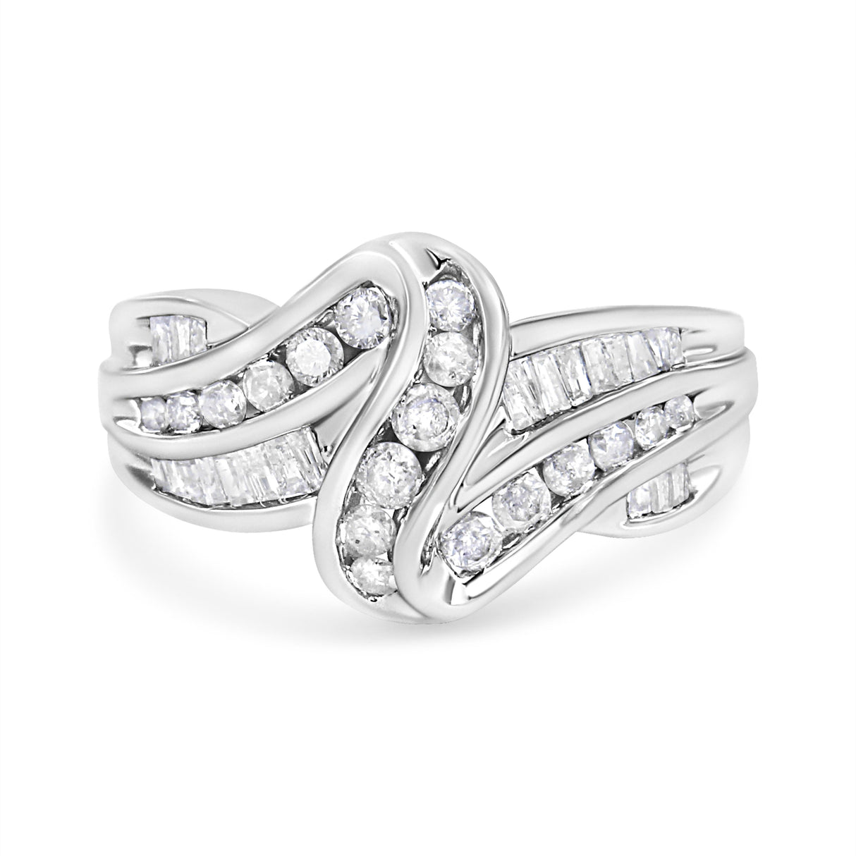 10K White Gold Ring 3/4 Cttw Round and Baguette-Cut Diamond Bypass Ring (H-I Color, I2-I3 Clarity) - Size 6