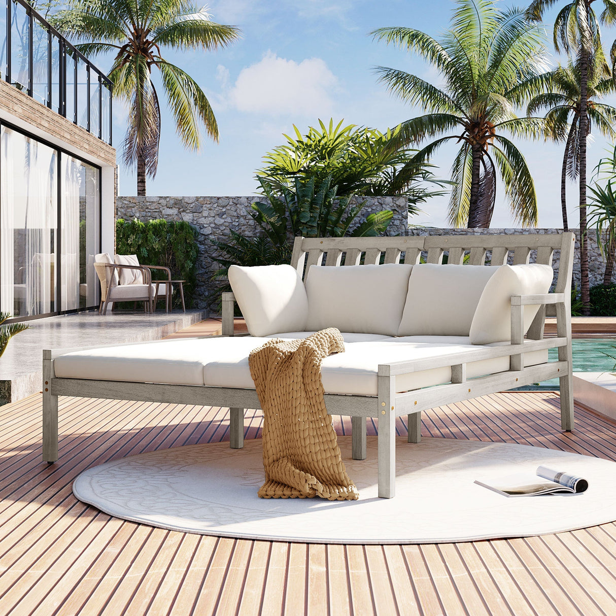 Outdoor Daybed With Four Pillows (Gray+Beige Cushion)