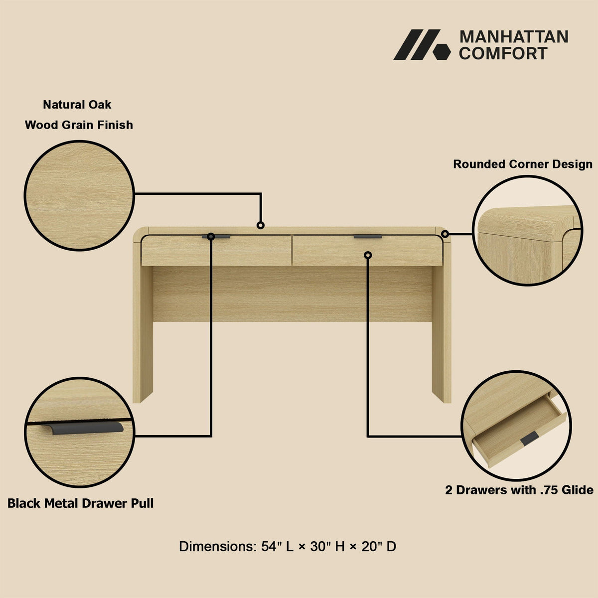 Grace - Office Desk & 2 Drawers - Oak