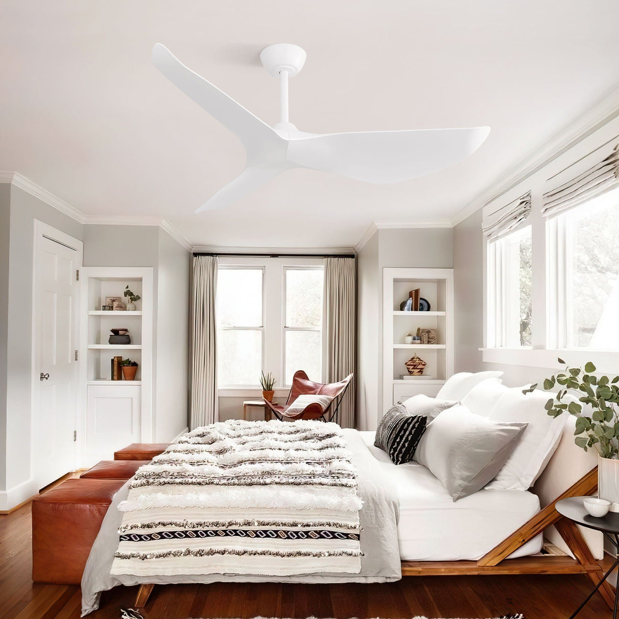 Ceiling Fan Without Light, DC Motor Remote Control Fan For Indoor / Outdoor Use - White