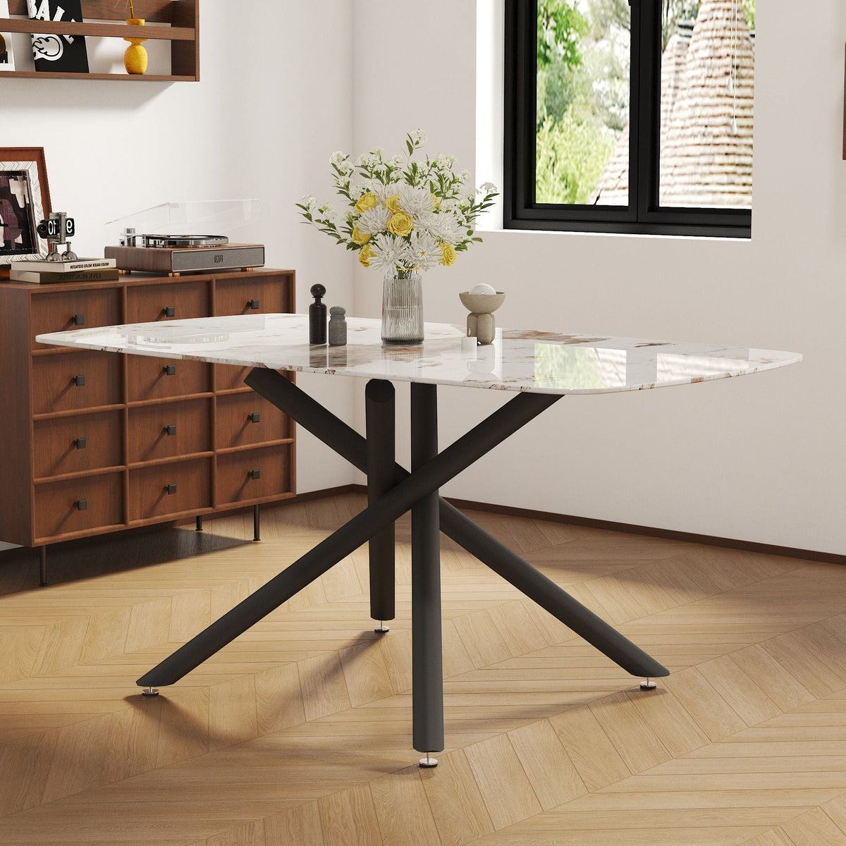 Luxurious Marble Patterned Dining Table With Metal Fork Legs