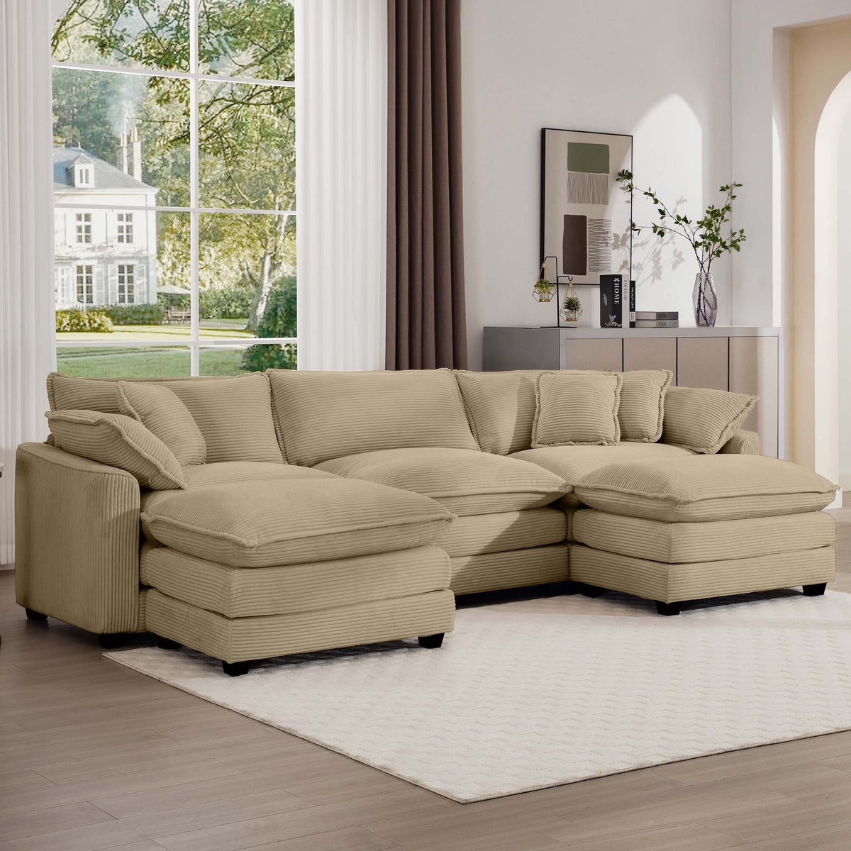 Modern Modular Cushion Sofa Set with Ottoman - Fabric, Multiple Colors