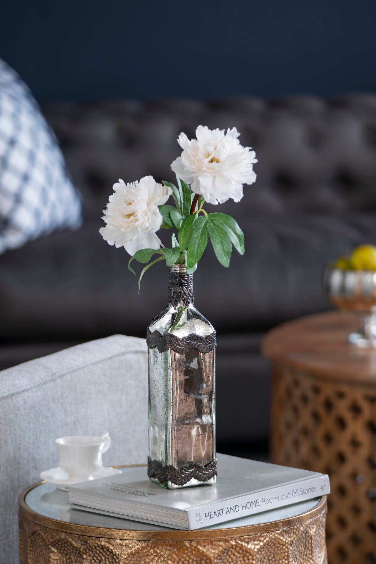 3x12'-Antique-Silver-Decorative-Glass-Bottle-Vase-with-Bronze-Leaf-Accents-Vases