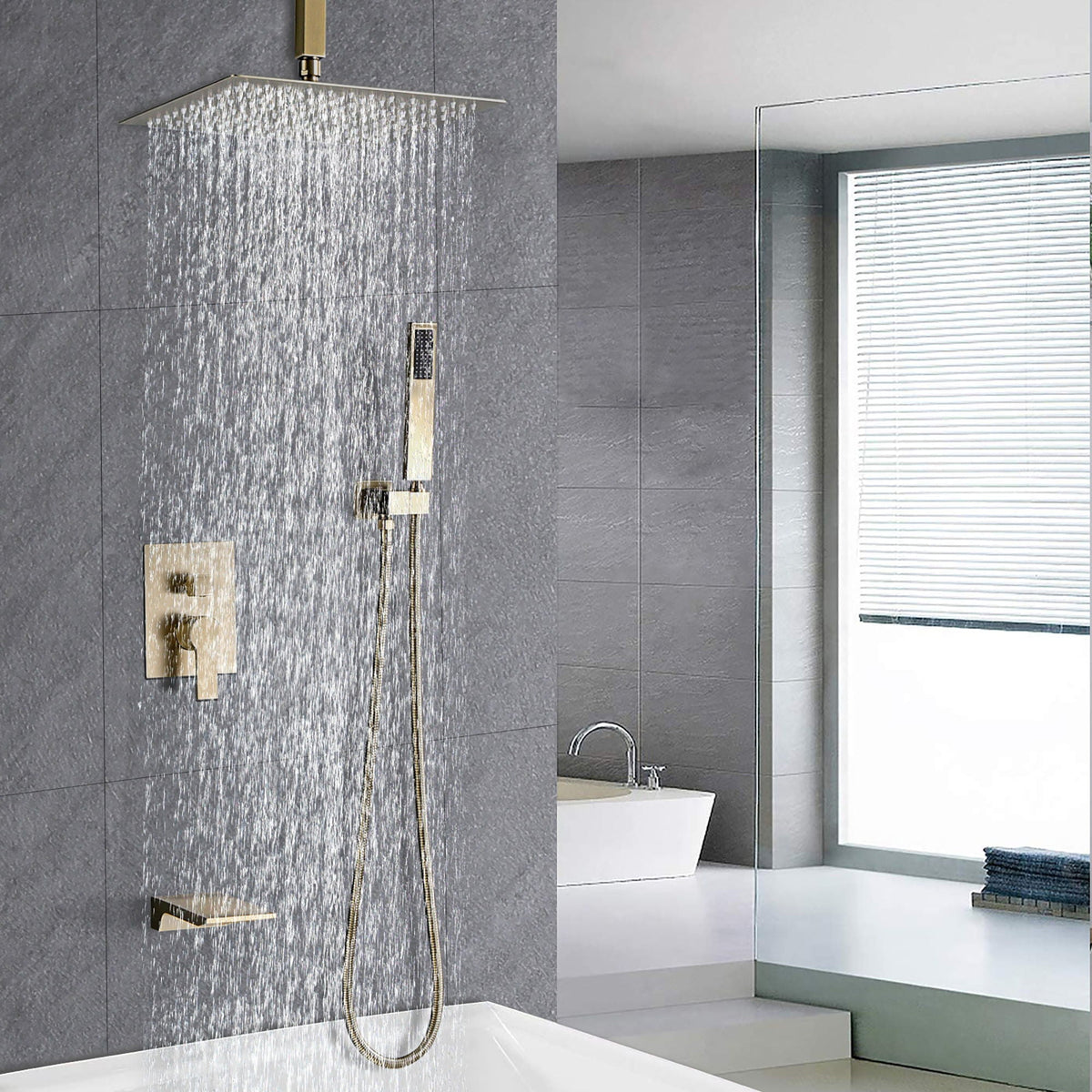 Contemporary Shower System With 12" Rainfall Head And Handheld Spray, Wall Mounted