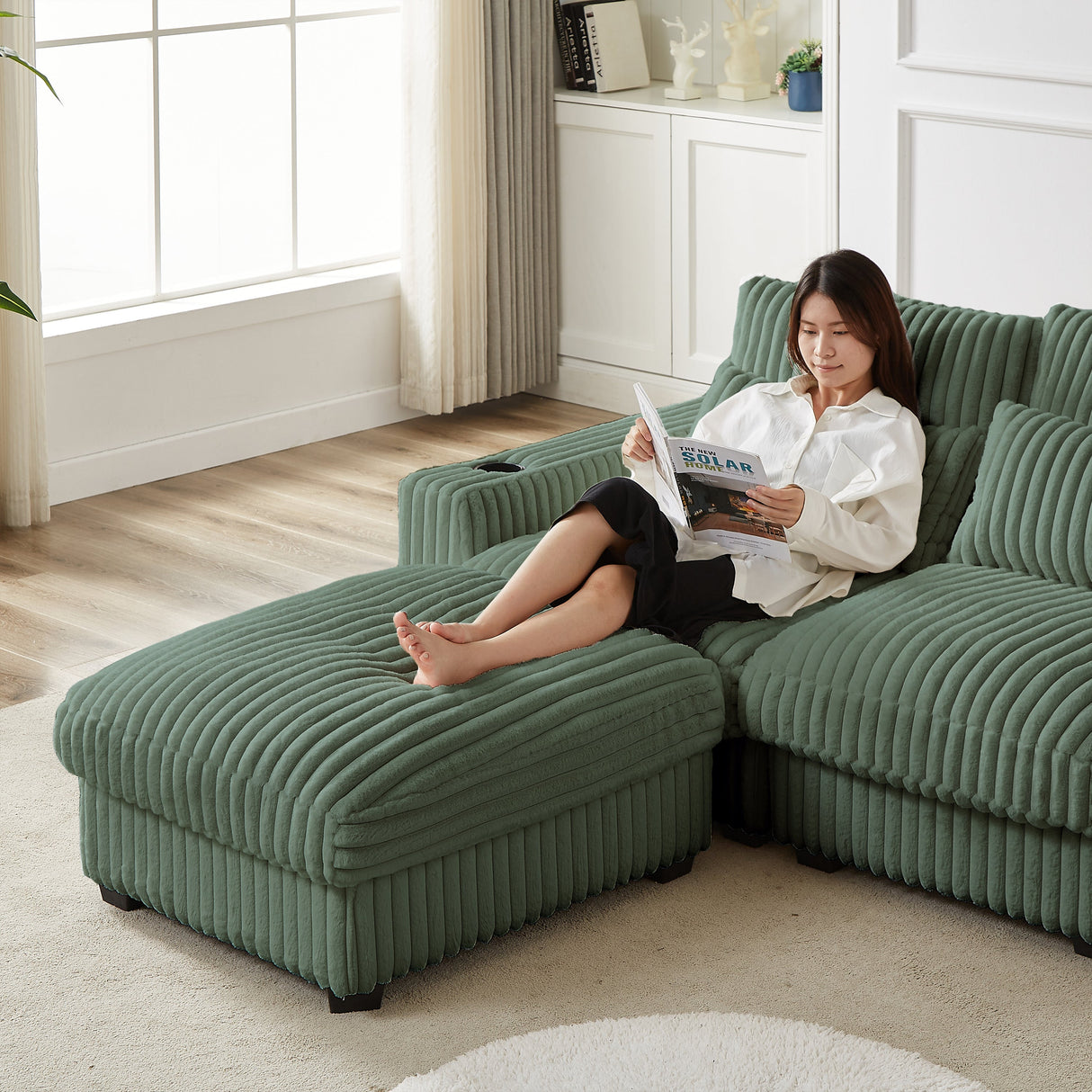 126-inch Corduroy With Cup Holder Super Large L-Shaped Sofa