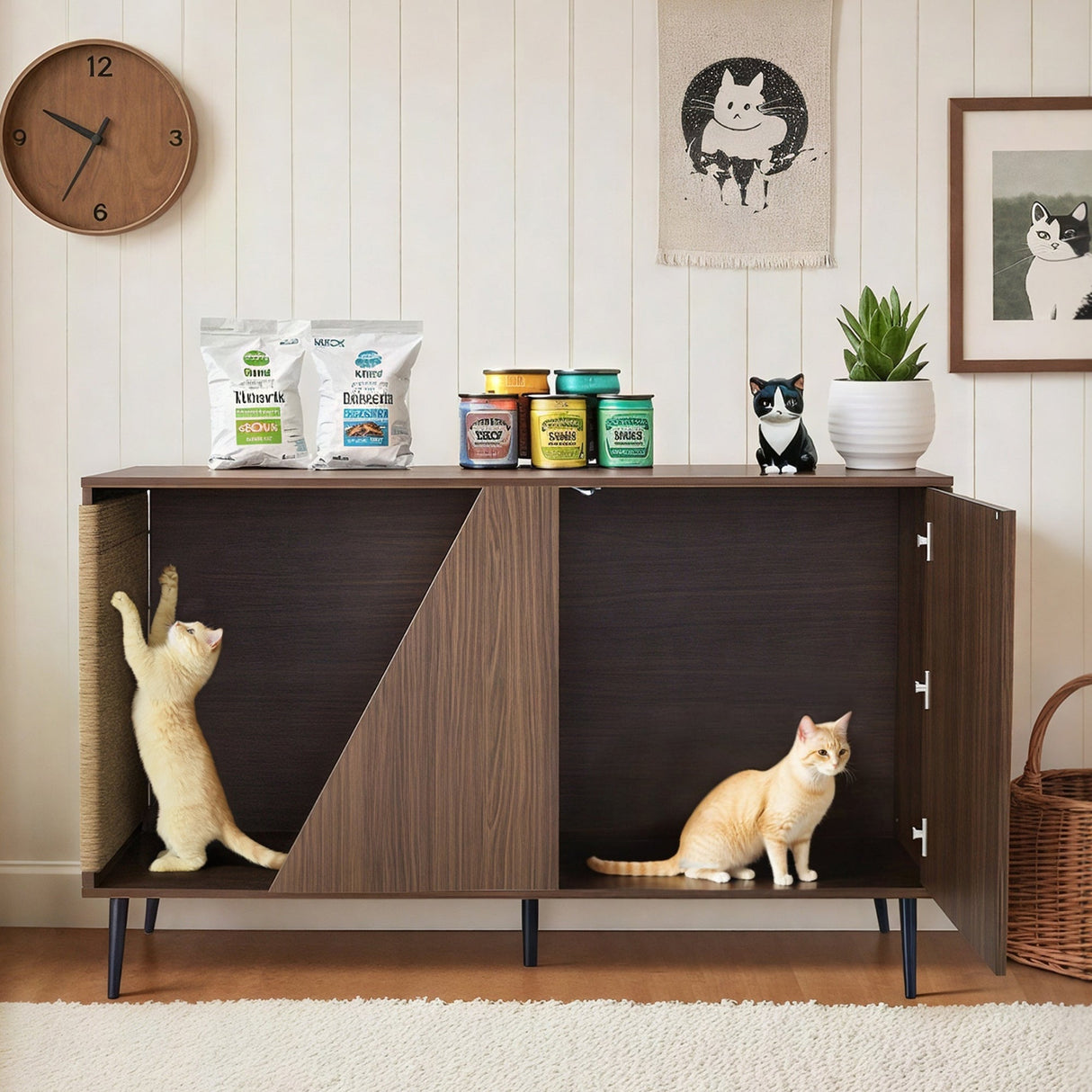 Cat Furniture 2 in 1 Modern Walnut Cabinet Side Table with Spring-Loaded Door