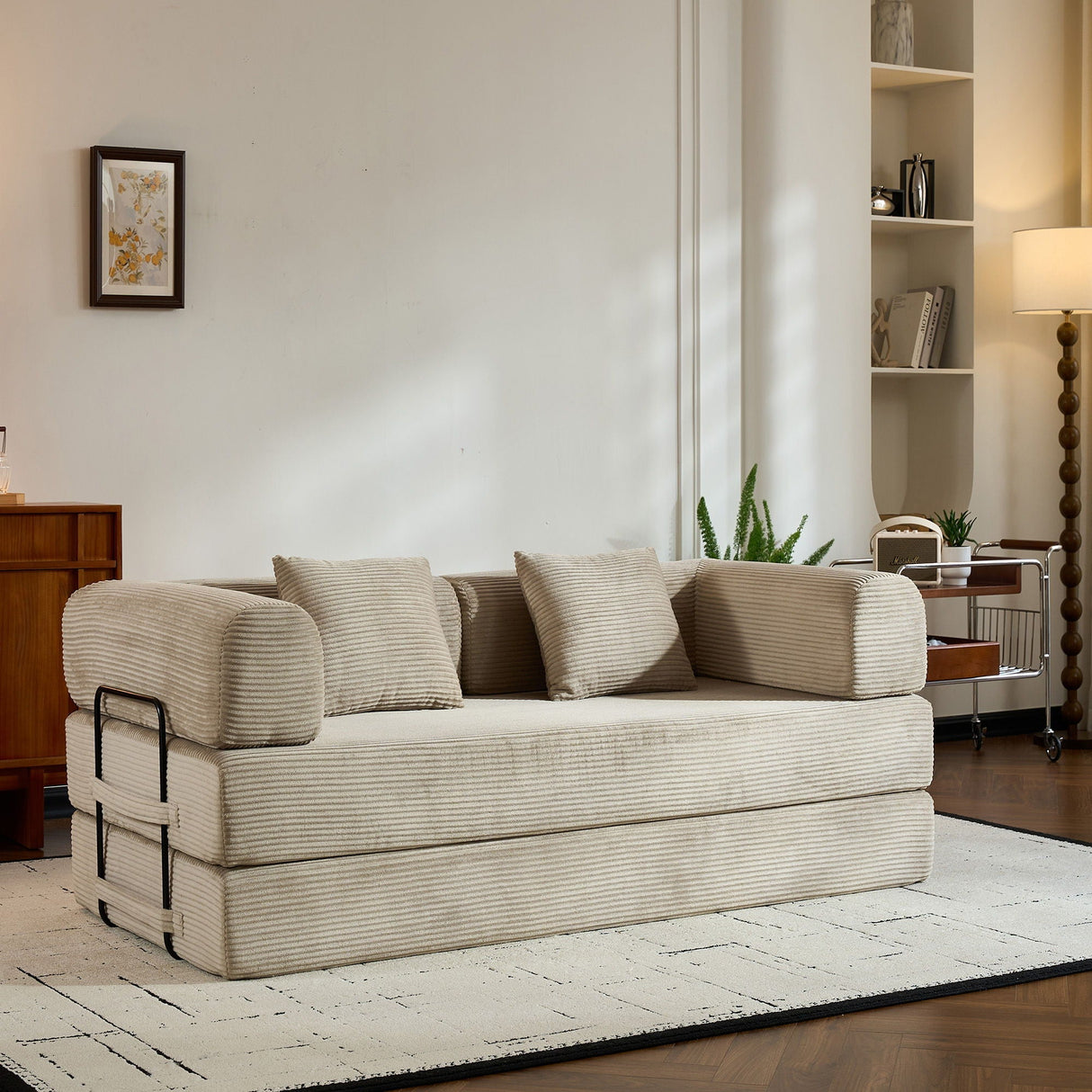 Convertible Sleeper Sofa Bed With Cylindrical Pillow, With Fixed Shape Frame