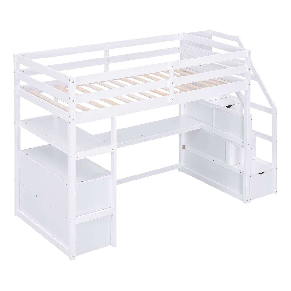 Loft Bed With Desk, Shelves, 2 Drawers, Storage Staircase