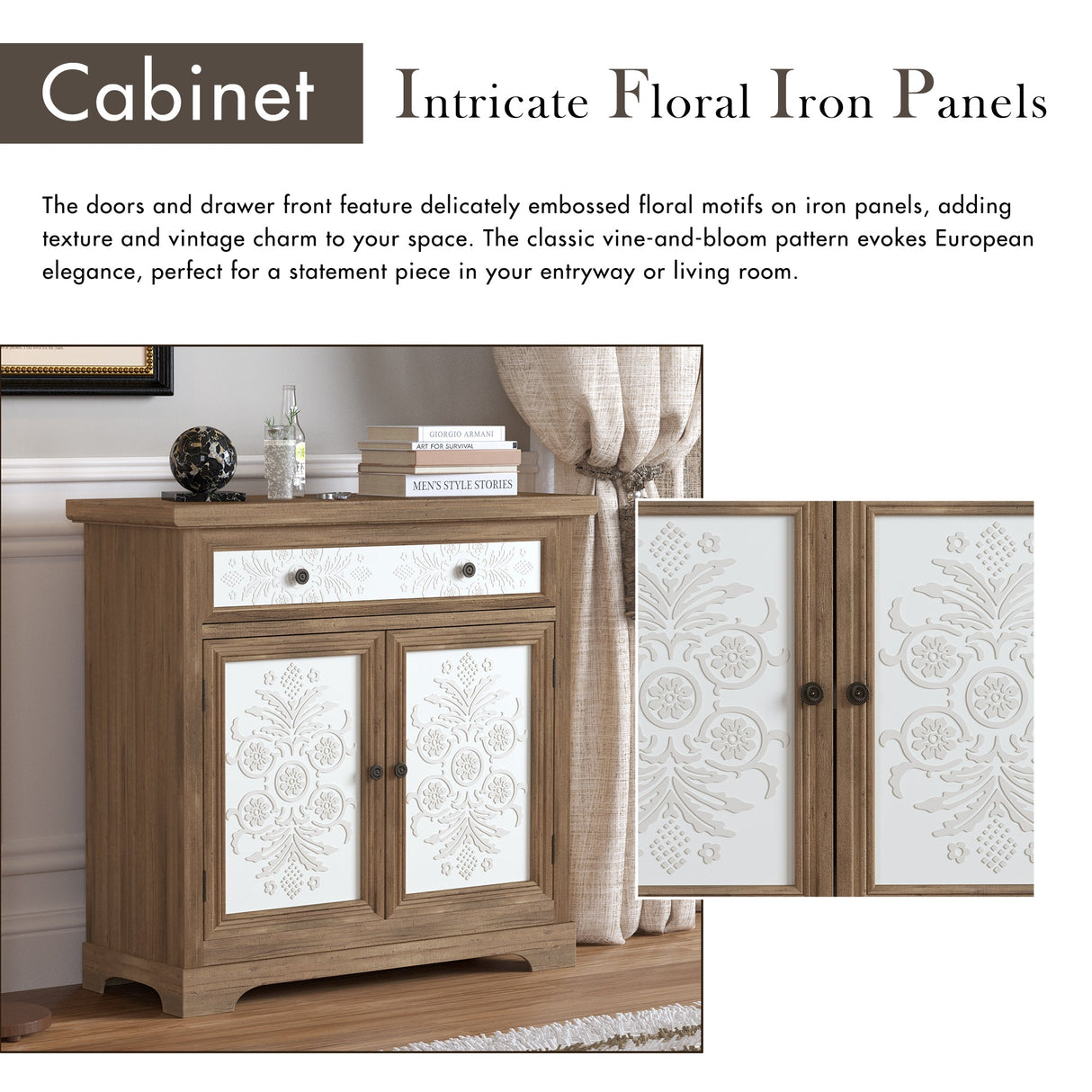 Rustic Vintage Accent Cabinet with Carved Floral Panels